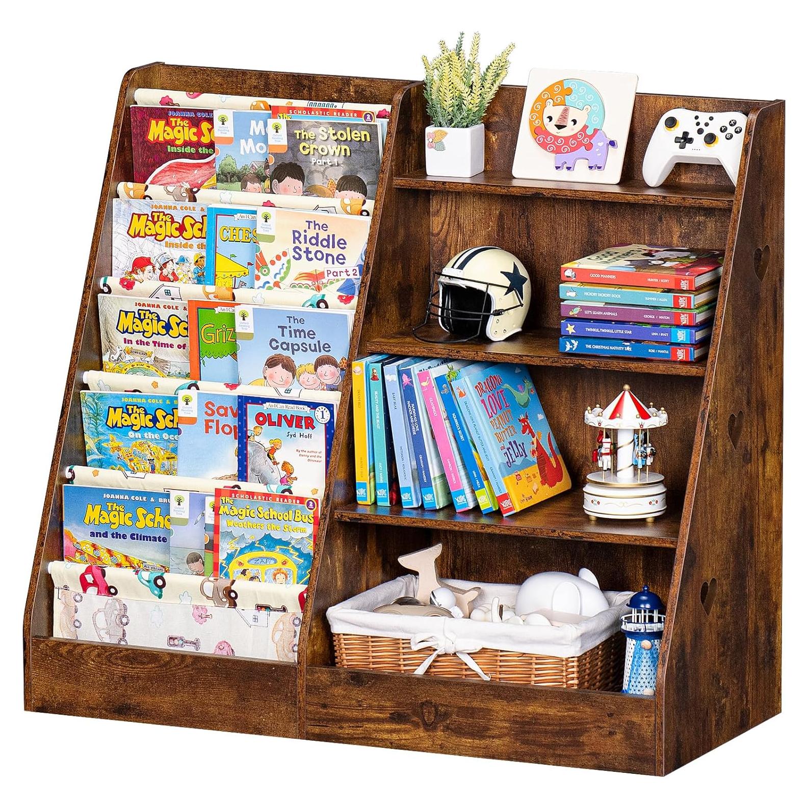 Lerliuo 4 Tier Kids Bookshelf and Storage Organizer, Five Layer Sling Children Bookcase, Baby Toddler Wooden Book Shelf, Display Cabinet for Playroom, Bedroom, Classroom, Nursery, School (Brown)