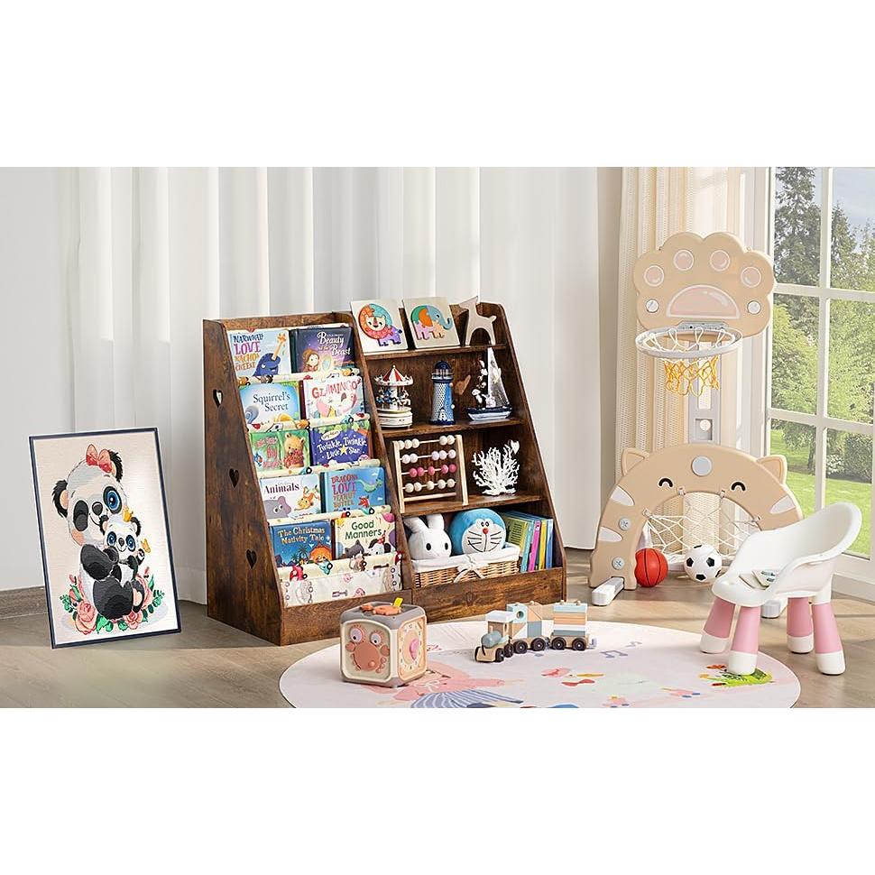 Lerliuo 4 Tier Kids Bookshelf and Storage Organizer, Five Layer Sling Children Bookcase, Baby Toddler Wooden Book Shelf, Display Cabinet for Playroom, Bedroom, Classroom, Nursery, School (Brown)