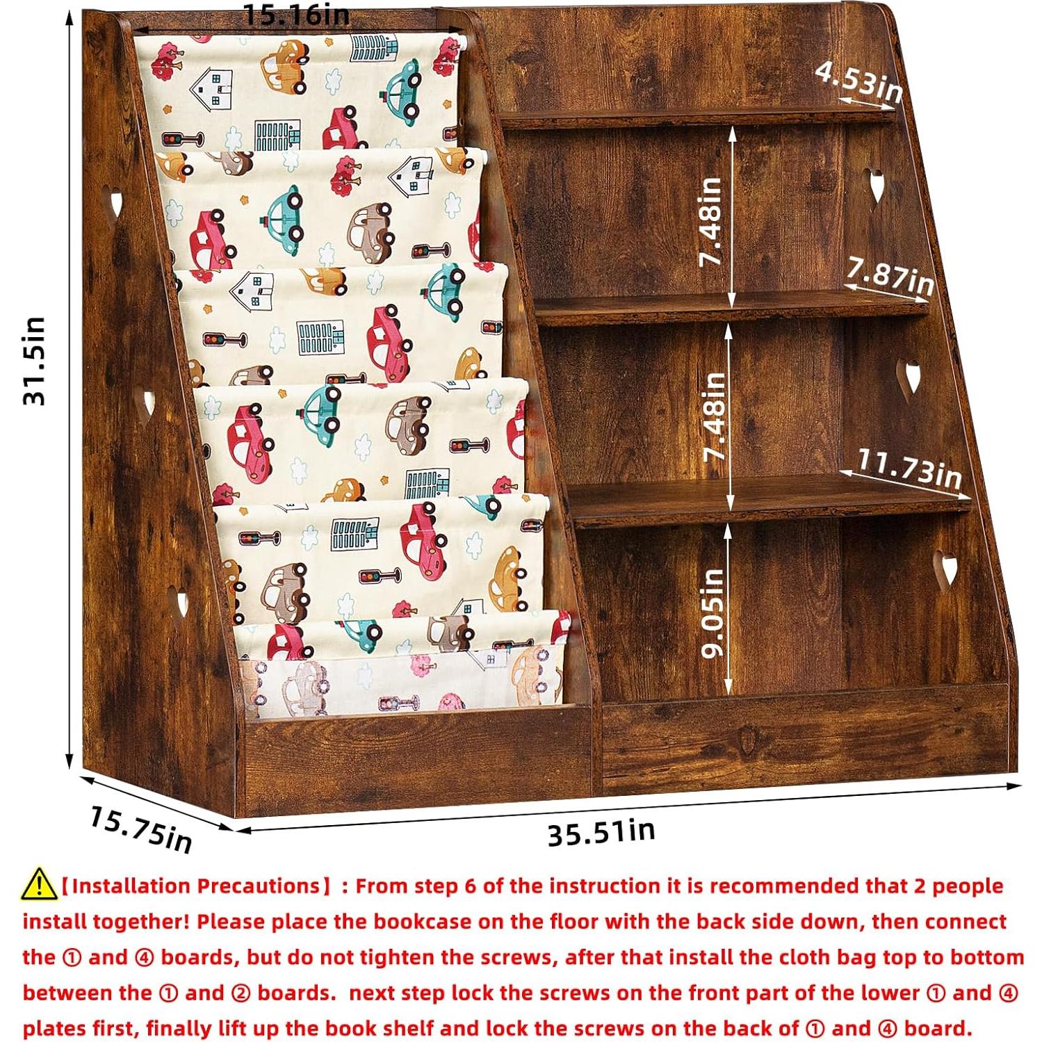 Lerliuo 4 Tier Kids Bookshelf and Storage Organizer, Five Layer Sling Children Bookcase, Baby Toddler Wooden Book Shelf, Display Cabinet for Playroom, Bedroom, Classroom, Nursery, School (Brown)