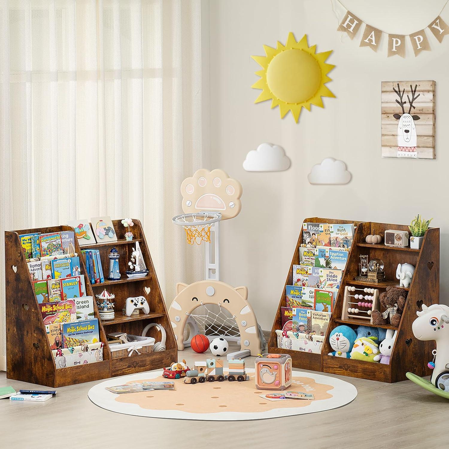 Lerliuo 4 Tier Kids Bookshelf and Storage Organizer, Five Layer Sling Children Bookcase, Baby Toddler Wooden Book Shelf, Display Cabinet for Playroom, Bedroom, Classroom, Nursery, School (Brown)