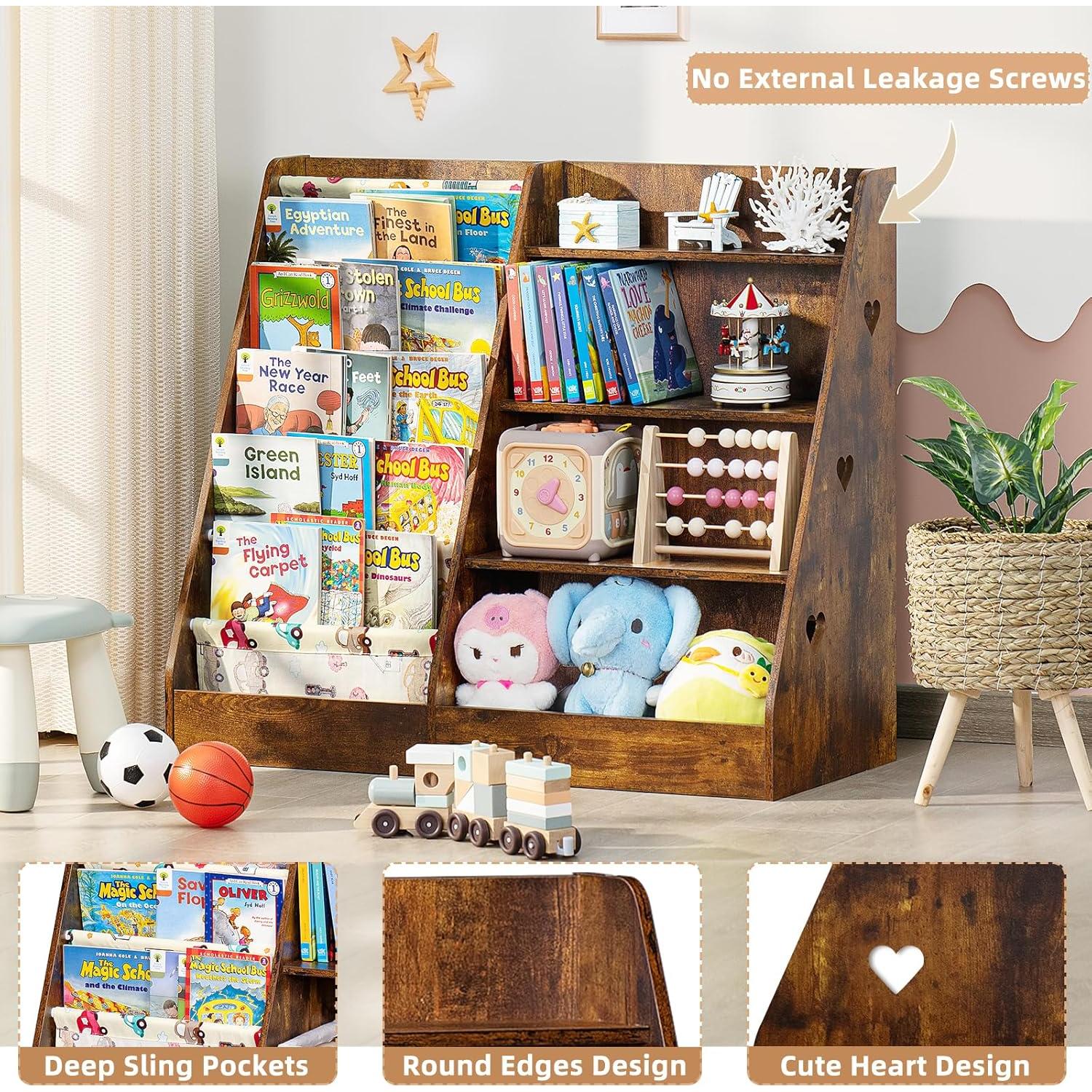 Lerliuo 4 Tier Kids Bookshelf and Storage Organizer, Five Layer Sling Children Bookcase, Baby Toddler Wooden Book Shelf, Display Cabinet for Playroom, Bedroom, Classroom, Nursery, School (Brown)