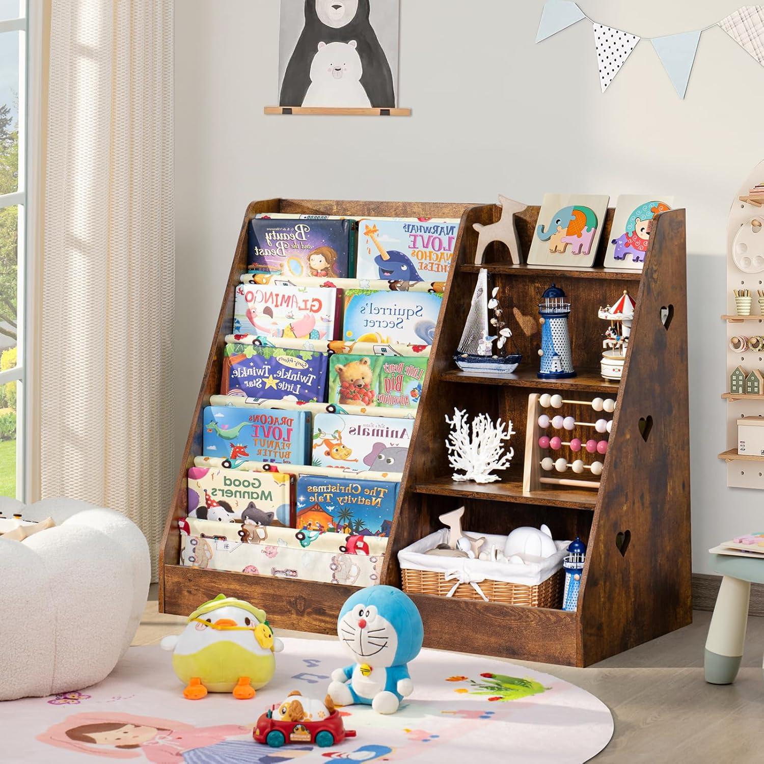 Lerliuo 4 Tier Kids Bookshelf and Storage Organizer, Five Layer Sling Children Bookcase, Baby Toddler Wooden Book Shelf, Display Cabinet for Playroom, Bedroom, Classroom, Nursery, School (Brown)