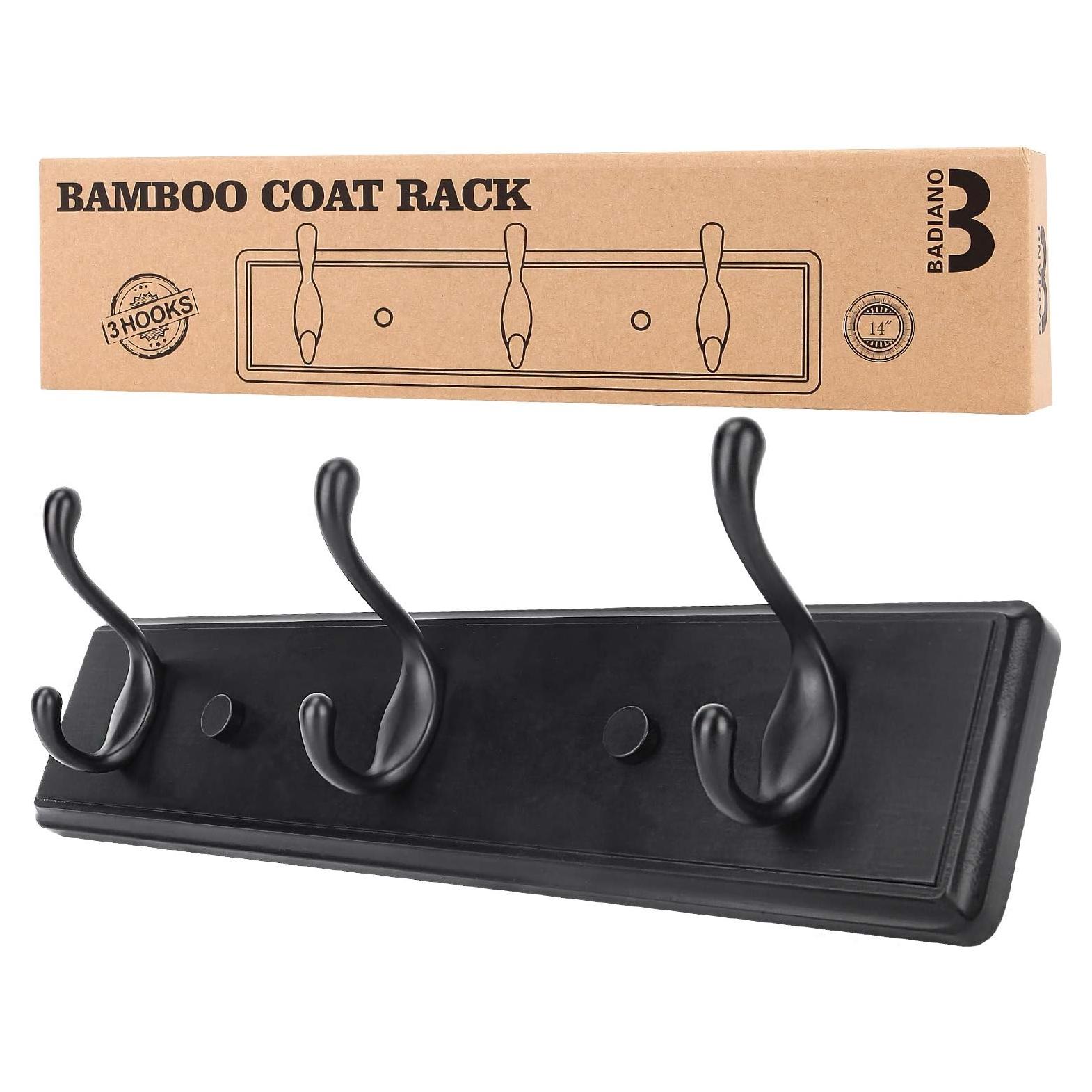 Wooden Coat Rack, Wall-Mounted Organizer for Closet, Entryway, Hallway, Foyer, Bedroom, Heavy Duty Double Hooks for Hanging Towels, Bags, Hats, Jackets, Key (Black, 3 Hooks)