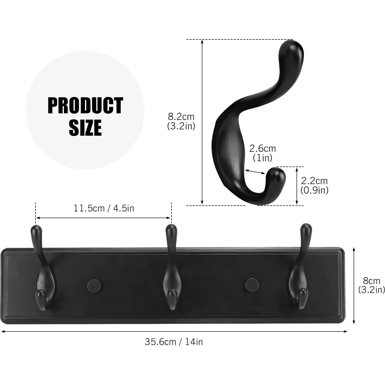 Wooden Coat Rack, Wall-Mounted Organizer for Closet, Entryway, Hallway, Foyer, Bedroom, Heavy Duty Double Hooks for Hanging Towels, Bags, Hats, Jackets, Key (Black, 3 Hooks)