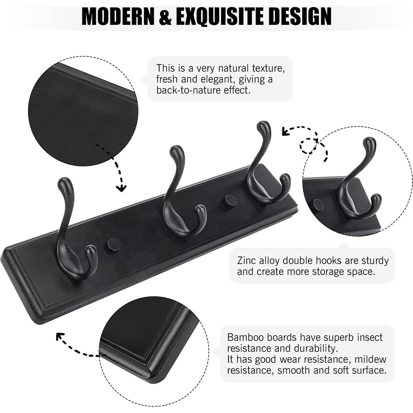 Wooden Coat Rack, Wall-Mounted Organizer for Closet, Entryway, Hallway, Foyer, Bedroom, Heavy Duty Double Hooks for Hanging Towels, Bags, Hats, Jackets, Key (Black, 3 Hooks)