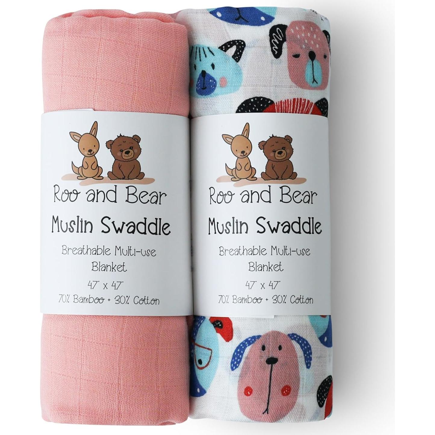 Manta de Muselina para Bebé Roo y Bear 120x120 cm 2 Piezas Perros