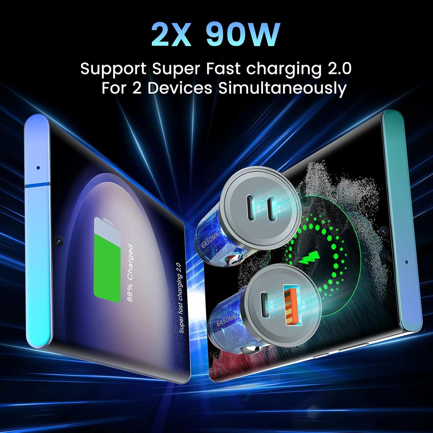 Cargador de Coche USB C EASDMN 90W Doble Puerto PD 45W QC 45W