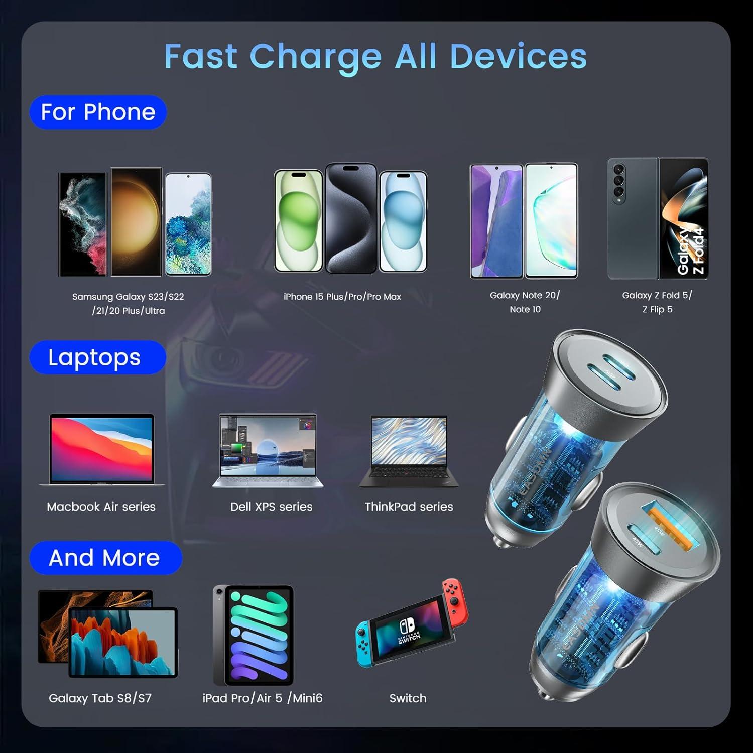 Cargador de Coche USB C EASDMN 90W Doble Puerto PD 45W QC 45W