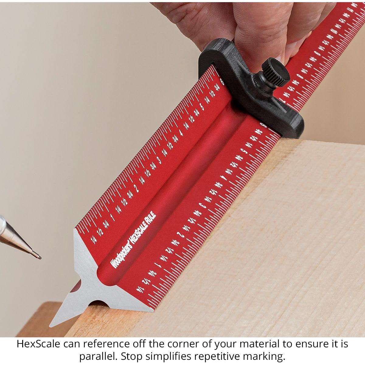 Regla HexScale Woodpeckers 12" (300mm) 6-en-1 con Tope