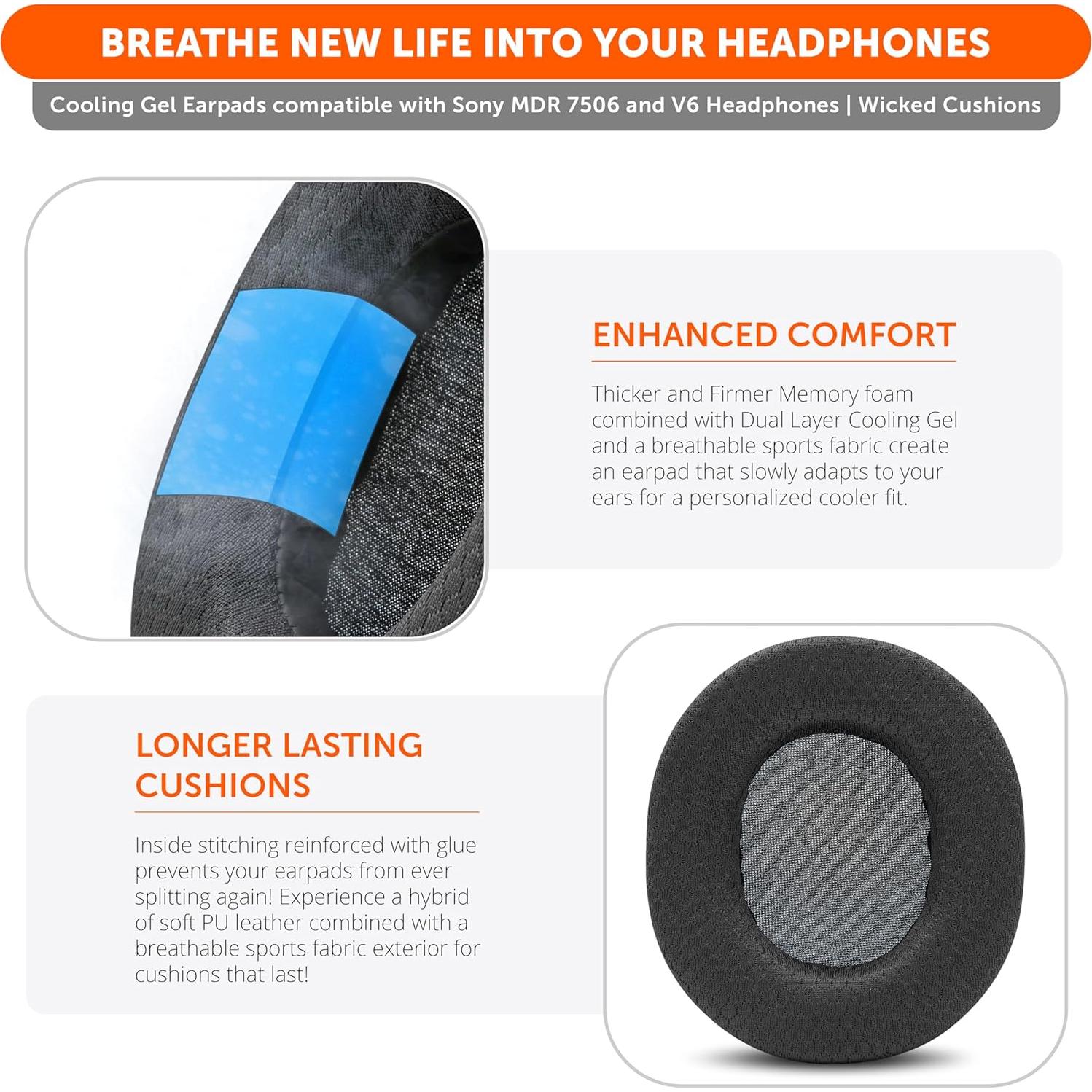 Almohadillas de Gel Refrigerante Wicked Cushions para Sony MDR-7506, MDR-CD900ST y MDR-V6 - Negro