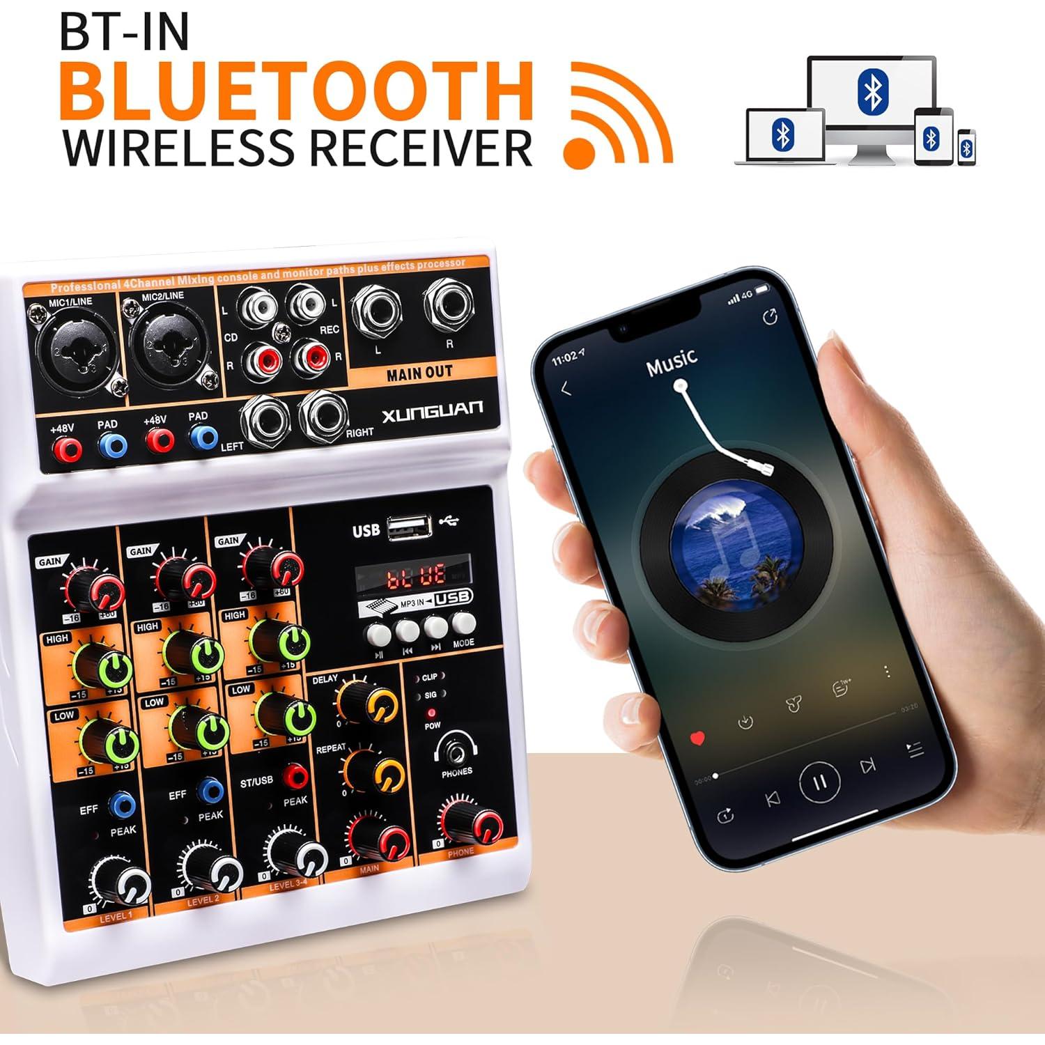 Mezclador de Audio Profesional XUNGUAN L4, 4 Canales, USB, Bluetooth