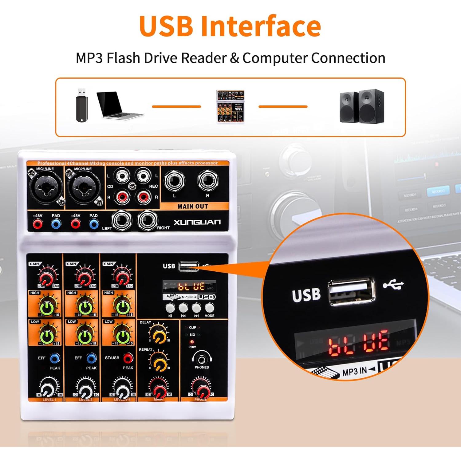 Mezclador de Audio Profesional XUNGUAN L4, 4 Canales, USB, Bluetooth