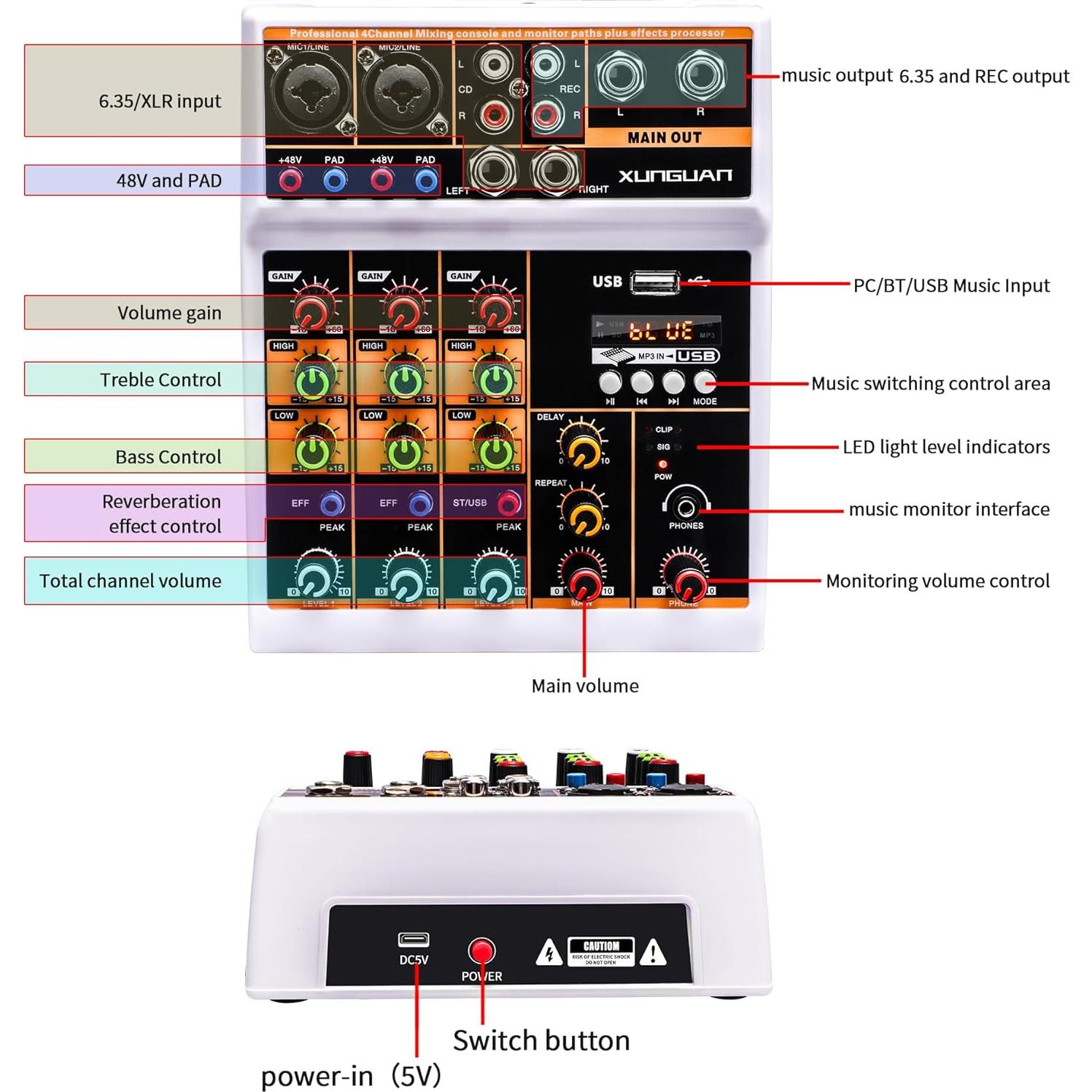 Mezclador de Audio Profesional XUNGUAN L4, 4 Canales, USB, Bluetooth