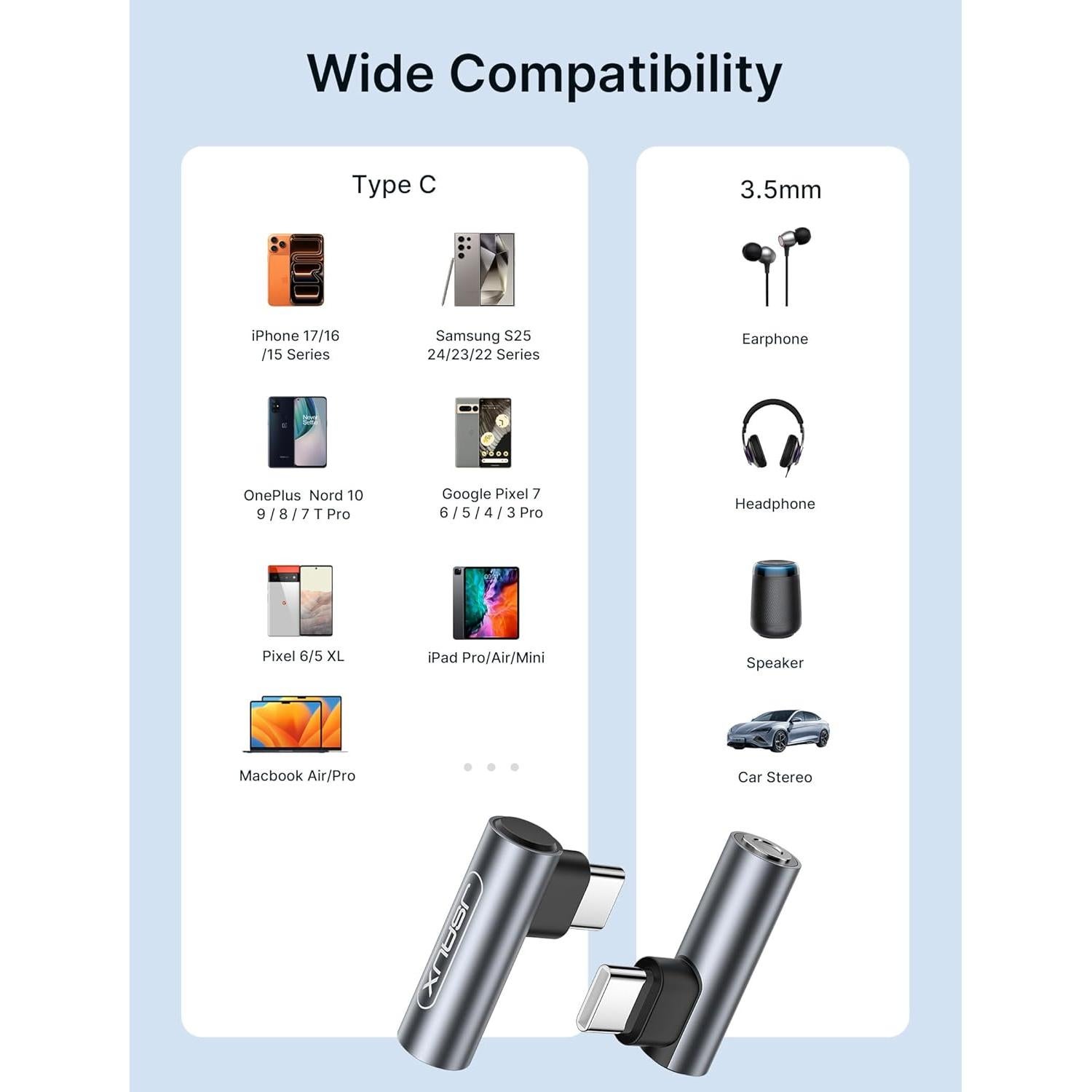 JSAUX 2 Pack Right Angle USB C to 3.5mm Audio Adapter, Type USB C to Headphone Jack Dongle Aux Adapter Compatible with Samsung Galaxy S24/S23/S22/S21 Ultra, iPad Pro, Pixel, iPhone 17/16/15/14 - Grey