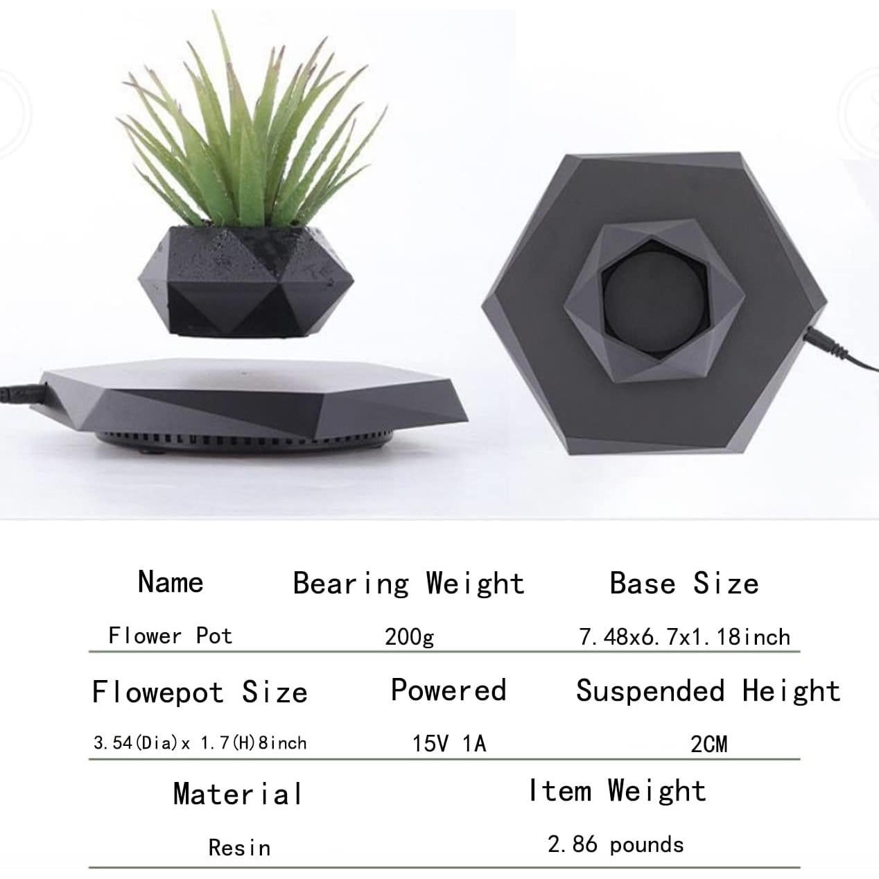 Maceta Flotante Magnética GUIYING Hexagonal Negra 30 cm