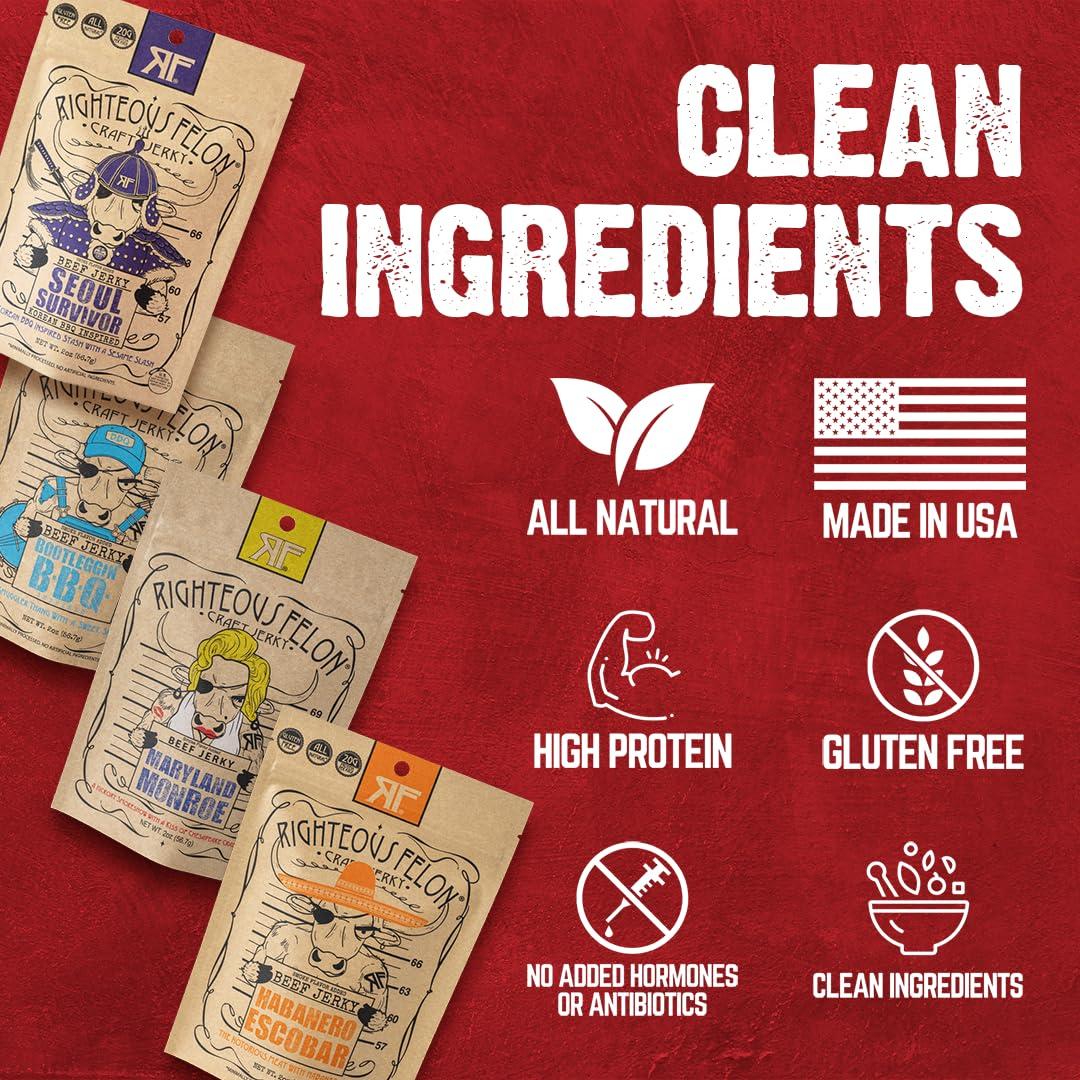 Paquete de Beef Jerky Picante Righteous Felon - 4 Sabores