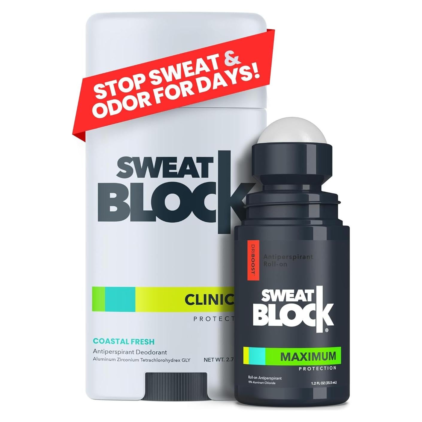 Kit Antitranspirante SweatBlock 1.2 oz Roll-On + 76.5 g Stick