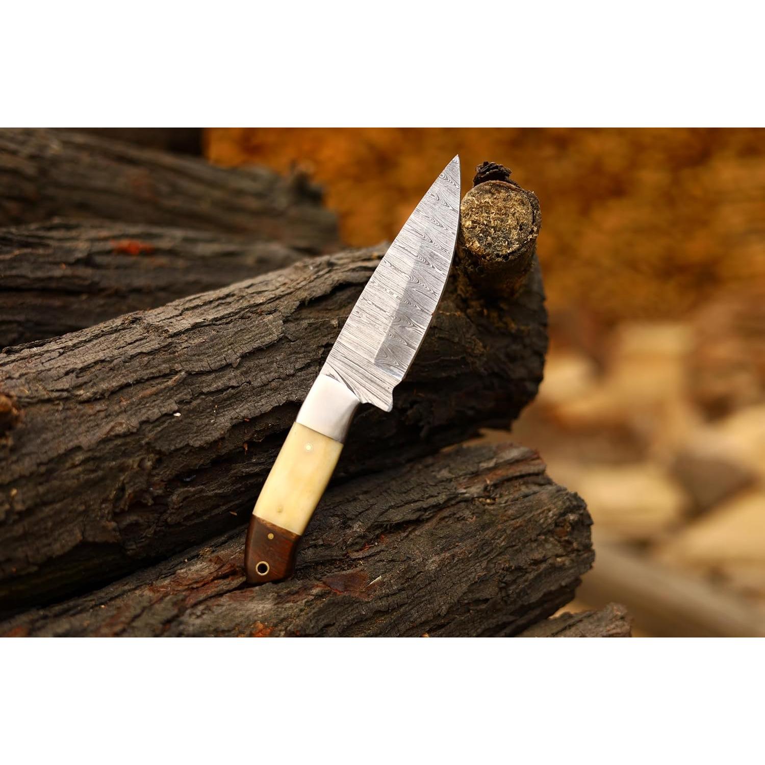Cuchillo de Caza FH TRADERS con Mango de Hueso 23cm Damasco