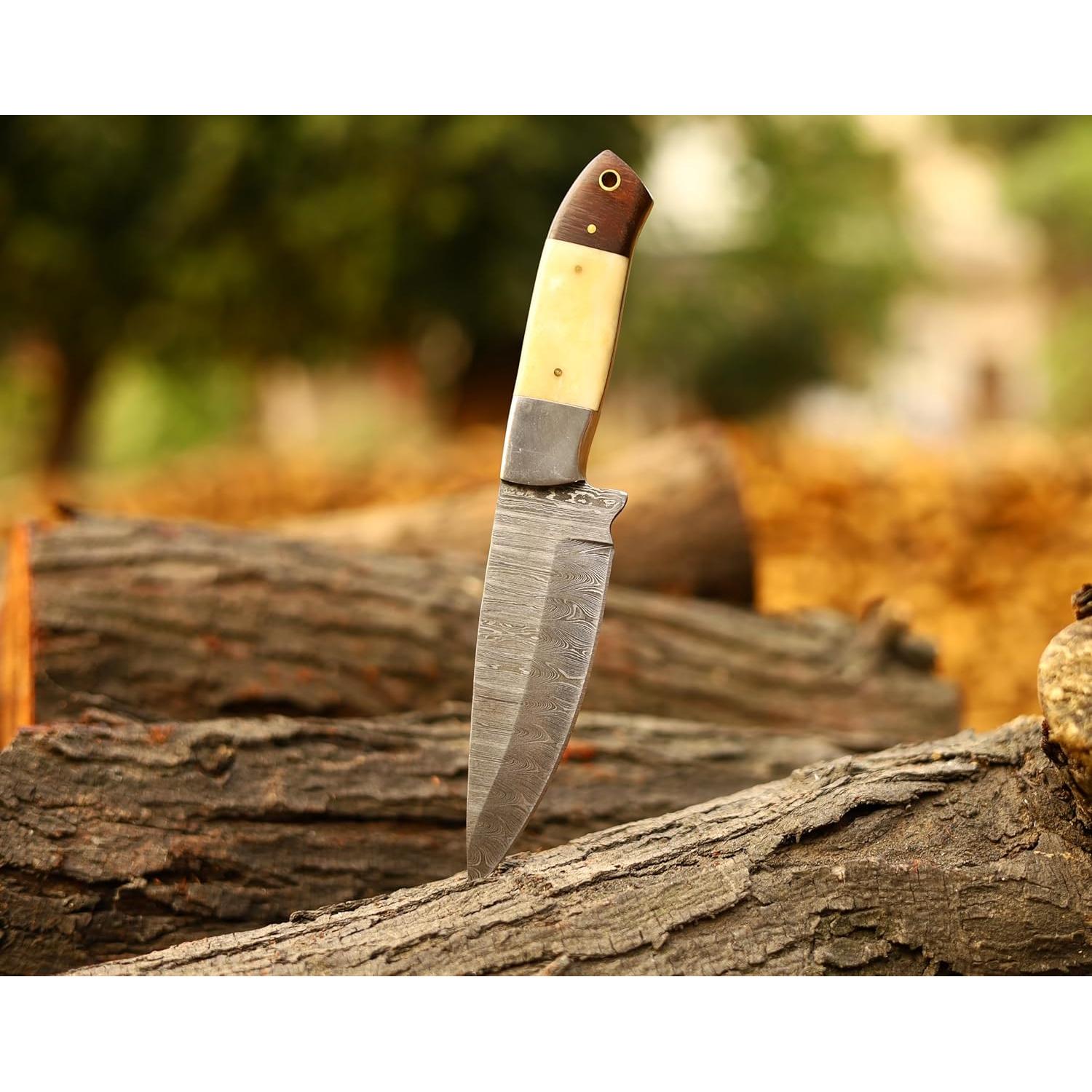 Cuchillo de Caza FH TRADERS con Mango de Hueso 23cm Damasco