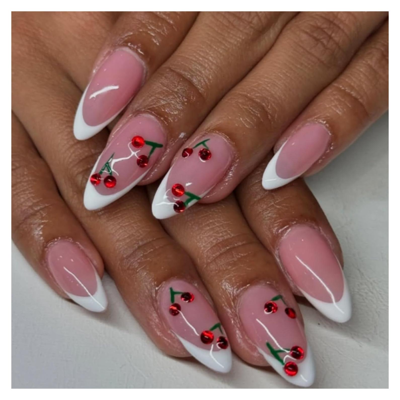 White French Tip Press on Nails Almond Medium Fake Nails with 3D Cherry Designs Glossy Glue on Nails Pink Nails Press ons Artificial False Nails Acrylic Stick on Nails for Women 24 Pcs