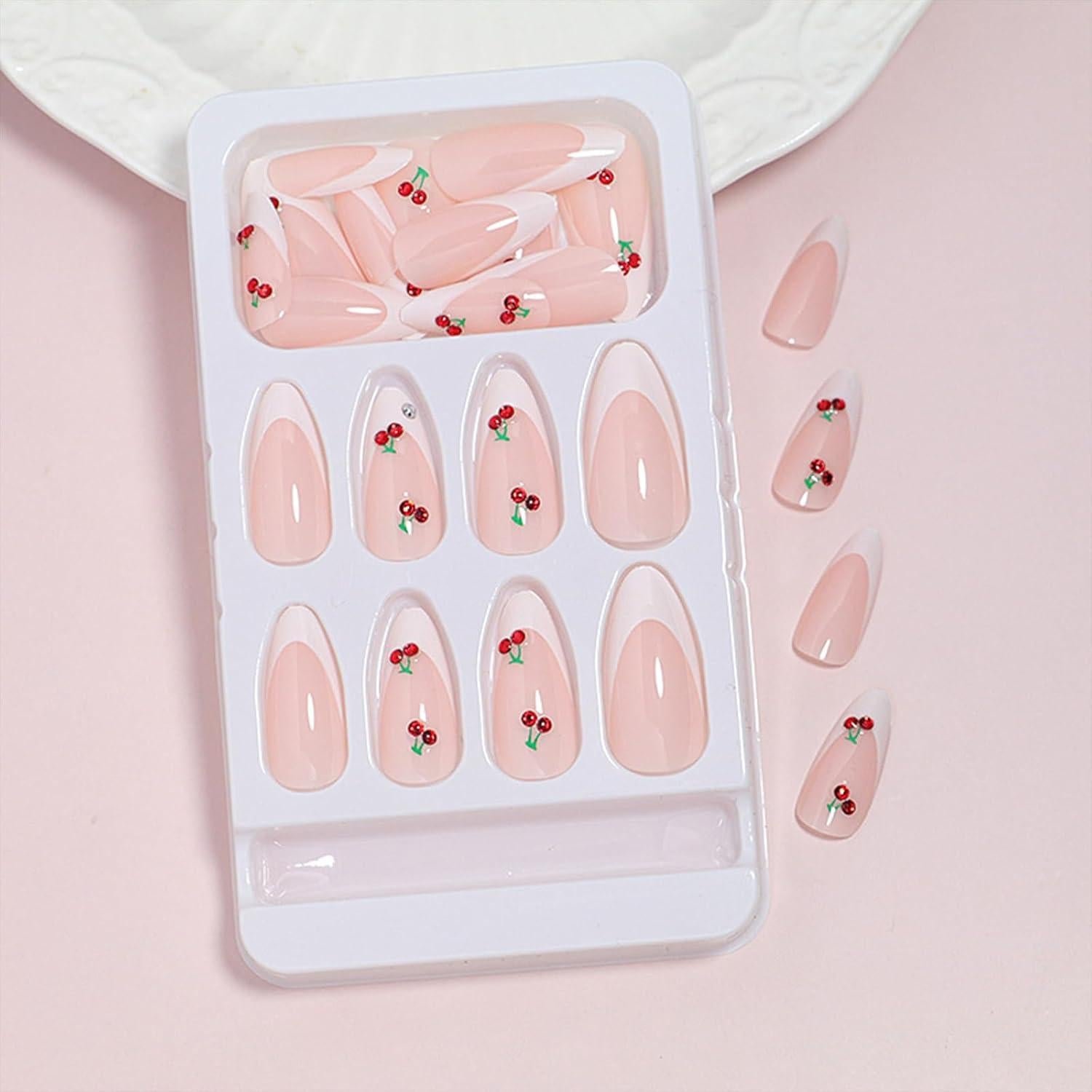 White French Tip Press on Nails Almond Medium Fake Nails with 3D Cherry Designs Glossy Glue on Nails Pink Nails Press ons Artificial False Nails Acrylic Stick on Nails for Women 24 Pcs