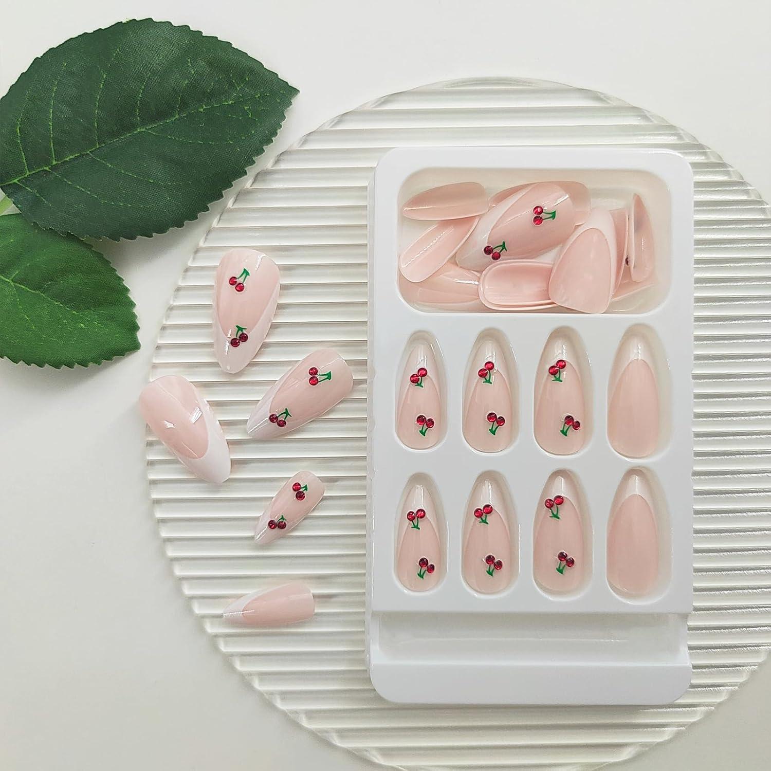 White French Tip Press on Nails Almond Medium Fake Nails with 3D Cherry Designs Glossy Glue on Nails Pink Nails Press ons Artificial False Nails Acrylic Stick on Nails for Women 24 Pcs