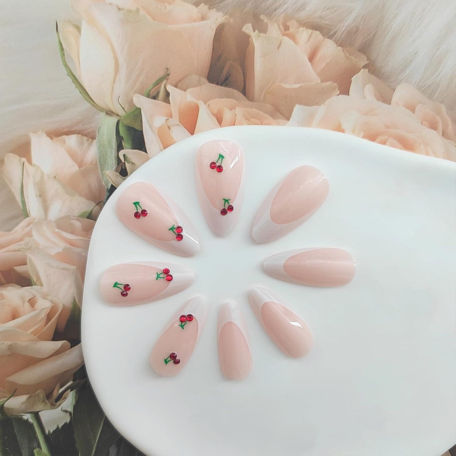 White French Tip Press on Nails Almond Medium Fake Nails with 3D Cherry Designs Glossy Glue on Nails Pink Nails Press ons Artificial False Nails Acrylic Stick on Nails for Women 24 Pcs