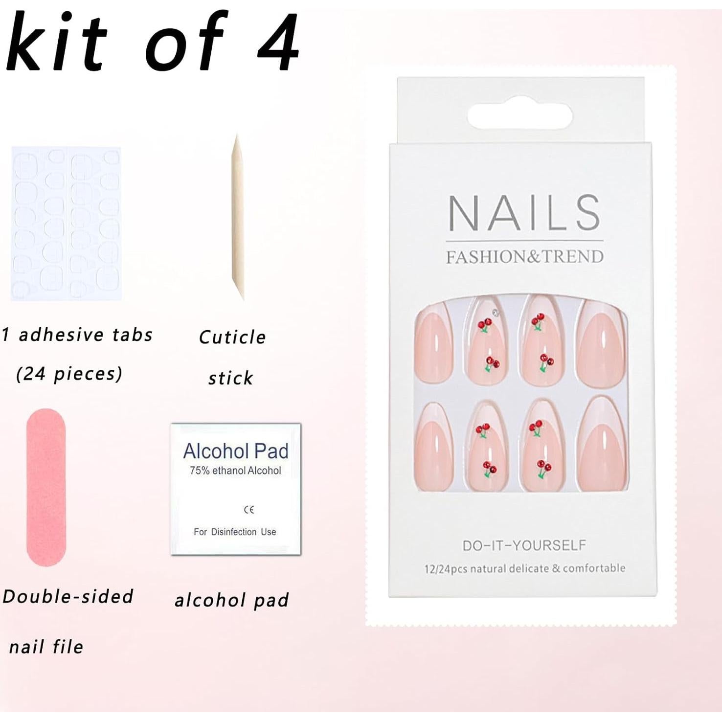 White French Tip Press on Nails Almond Medium Fake Nails with 3D Cherry Designs Glossy Glue on Nails Pink Nails Press ons Artificial False Nails Acrylic Stick on Nails for Women 24 Pcs