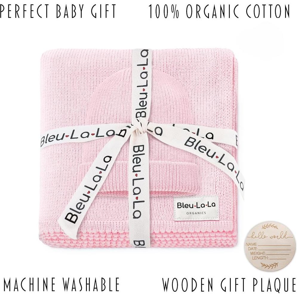 Manta de Punto Orgánico Luxe Bleu La La + Sombrero Rosa