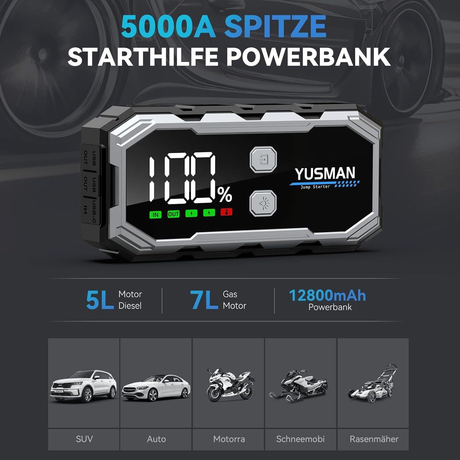 Arrancador de Salto YUSMAN 5000A 12V Portátil con Luz LED