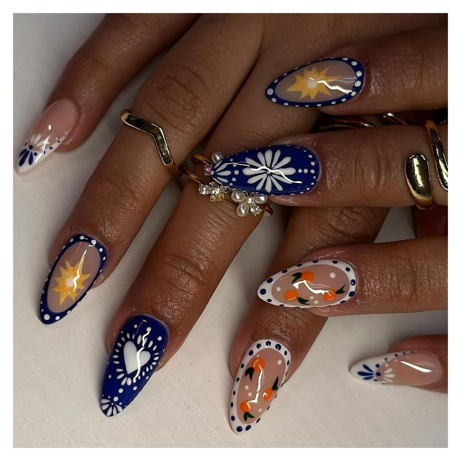 Uñas Falsas de Almendra Brillantes FIEONCIY con Diseño Floral