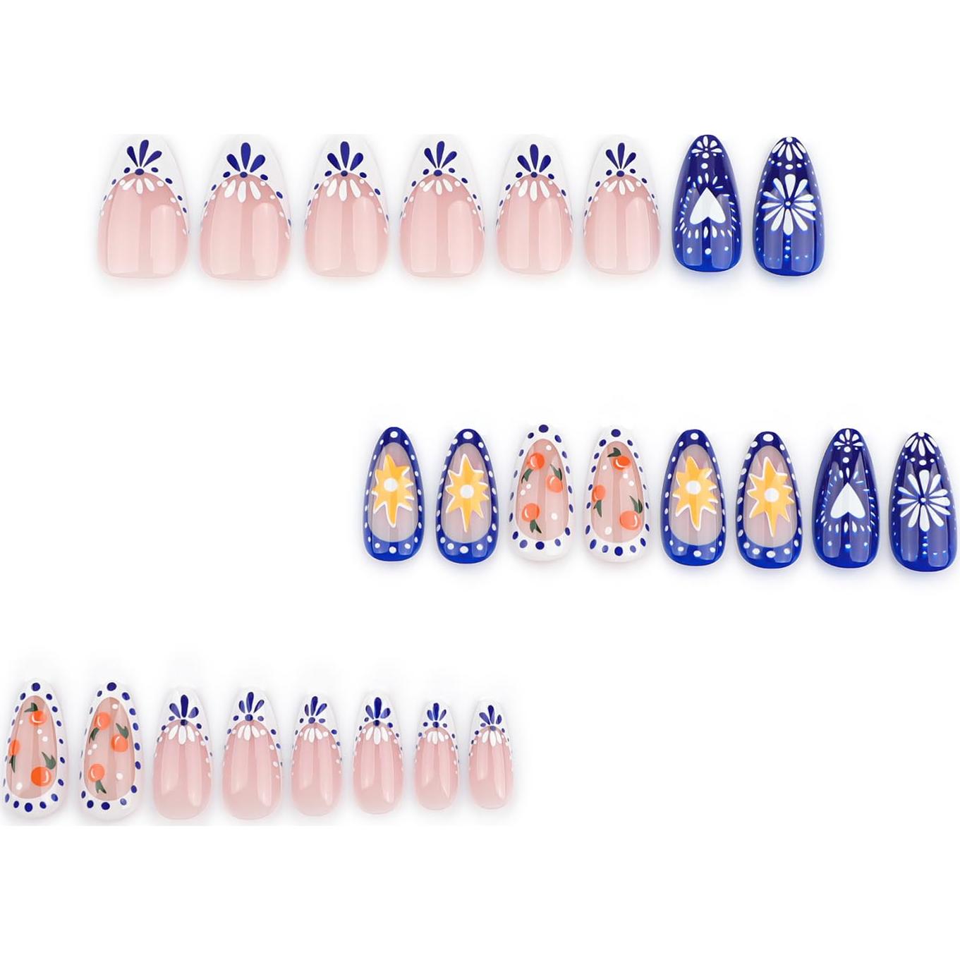 Uñas Falsas de Almendra Brillantes FIEONCIY con Diseño Floral