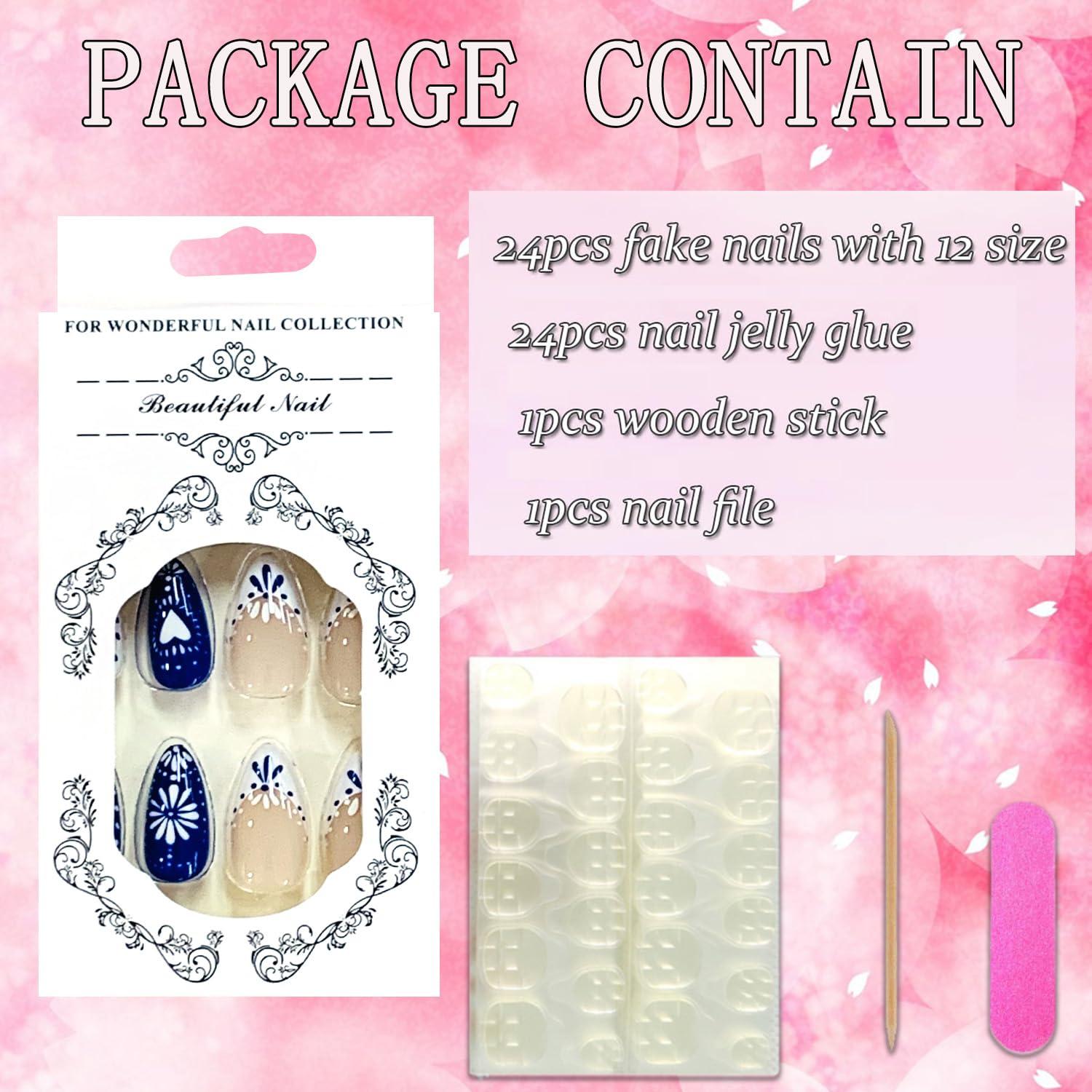 Uñas Falsas de Almendra Brillantes FIEONCIY con Diseño Floral