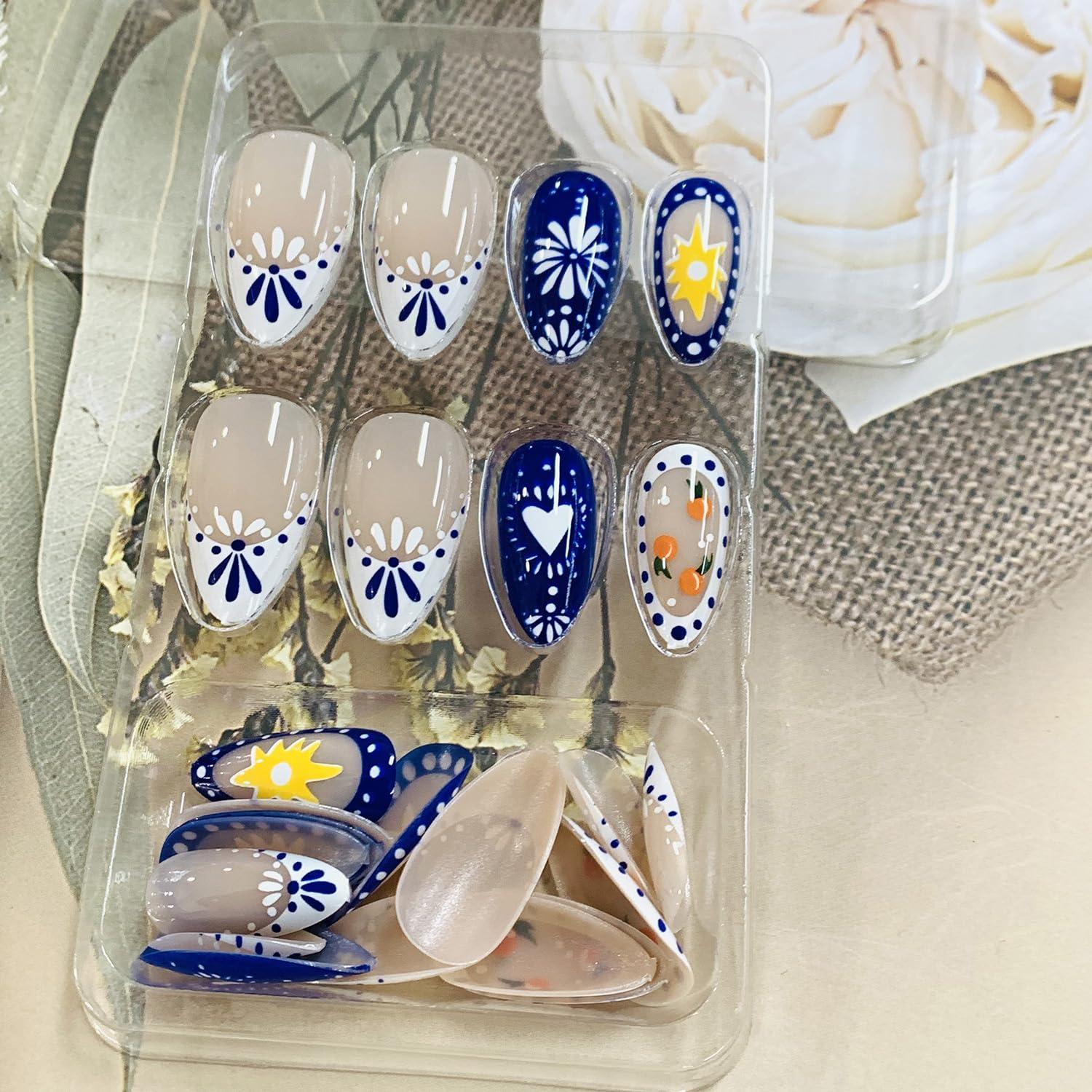 Uñas Falsas de Almendra Brillantes FIEONCIY con Diseño Floral