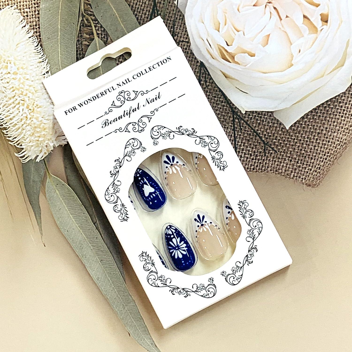 Uñas Falsas de Almendra Brillantes FIEONCIY con Diseño Floral