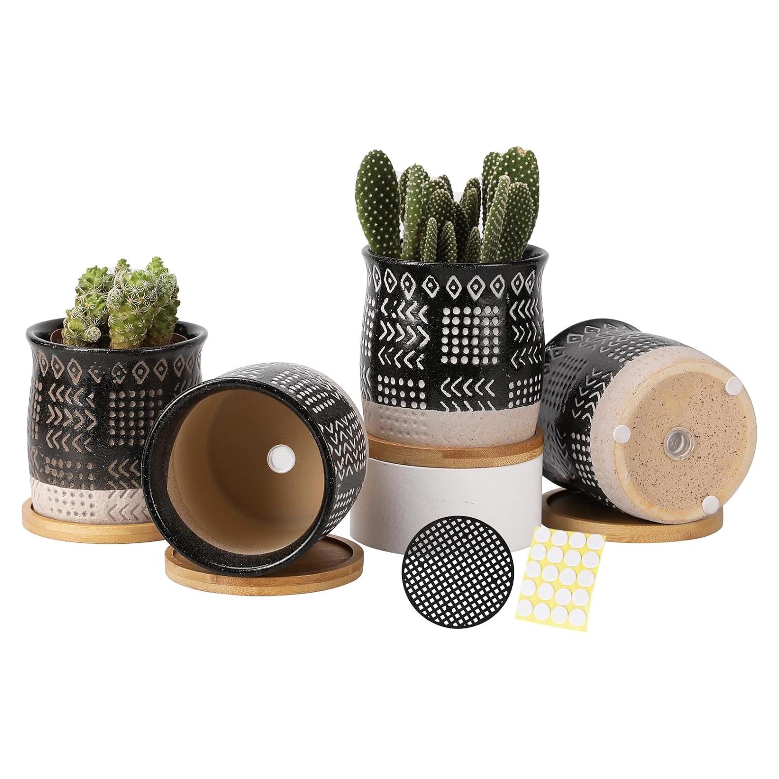 Macetas de Cerámica Vintage BABALIU 10 cm Juego de 4 con Plato