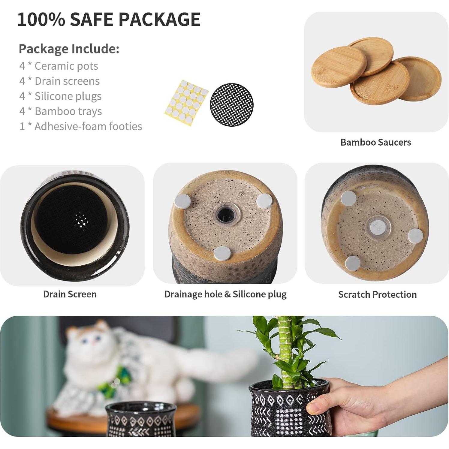 Macetas de Cerámica Vintage BABALIU 10 cm Juego de 4 con Plato