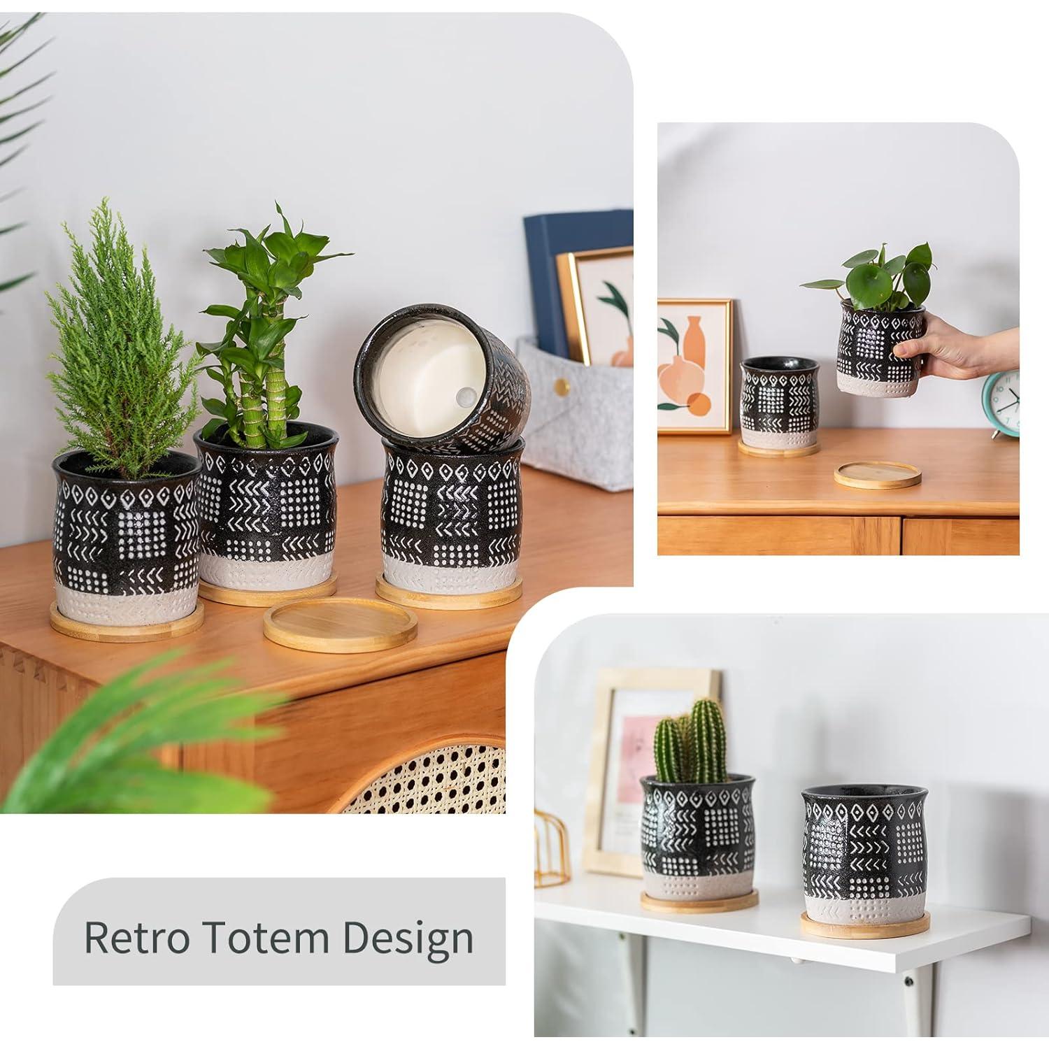 Macetas de Cerámica Vintage BABALIU 10 cm Juego de 4 con Plato