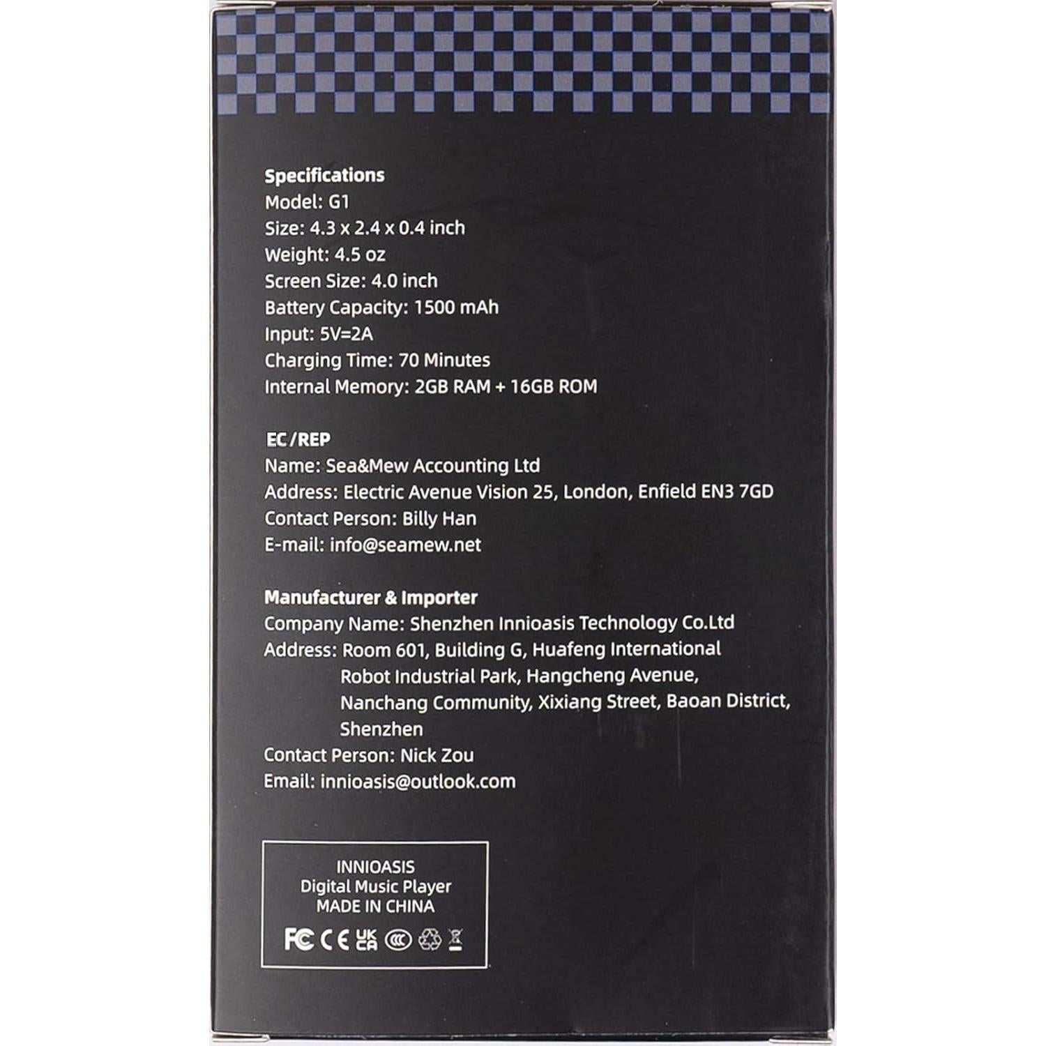 Reproductor MP3 Innioasis G1 80GB Bluetooth WiFi Pantalla 10.16cm