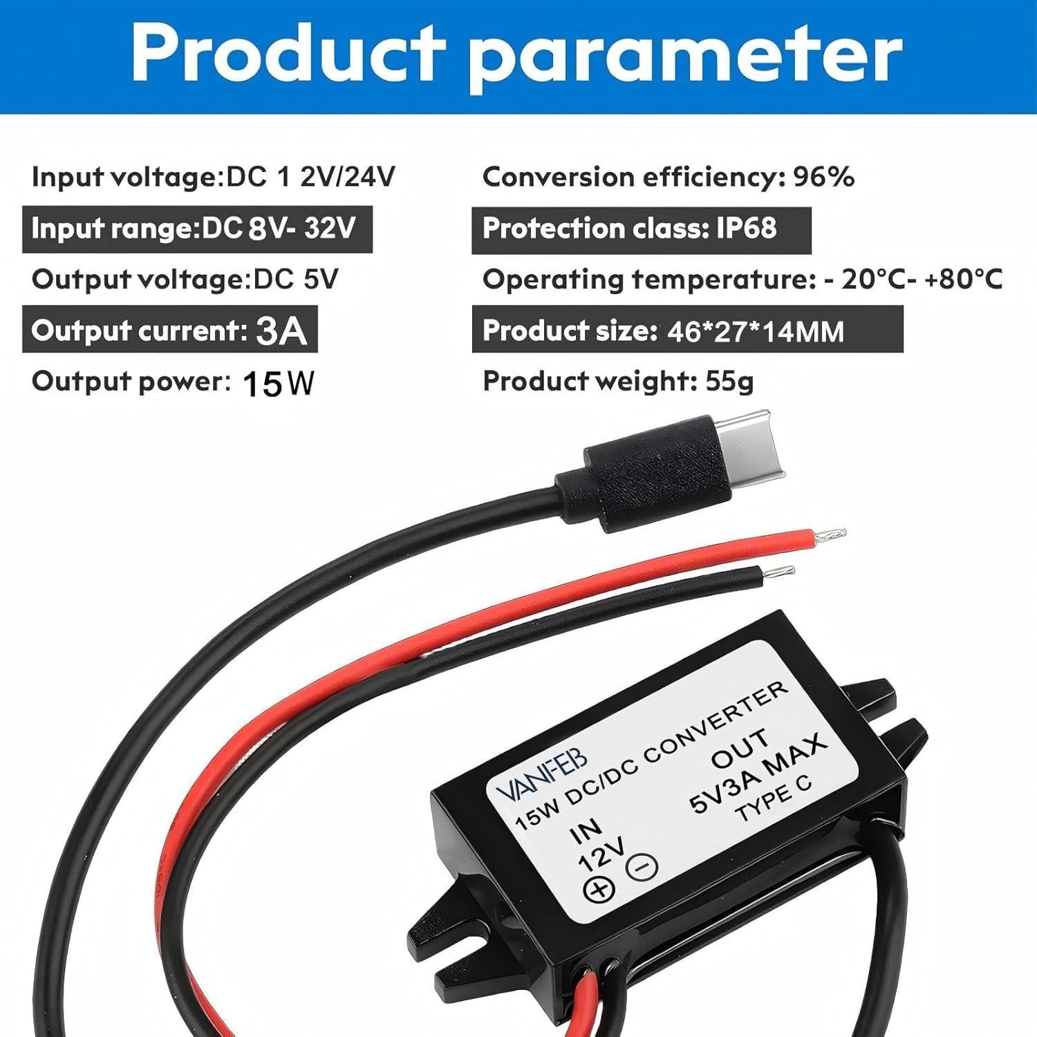 Convertidor DC 12V/24V a 5V 3A Tipo C VanFeb 15W