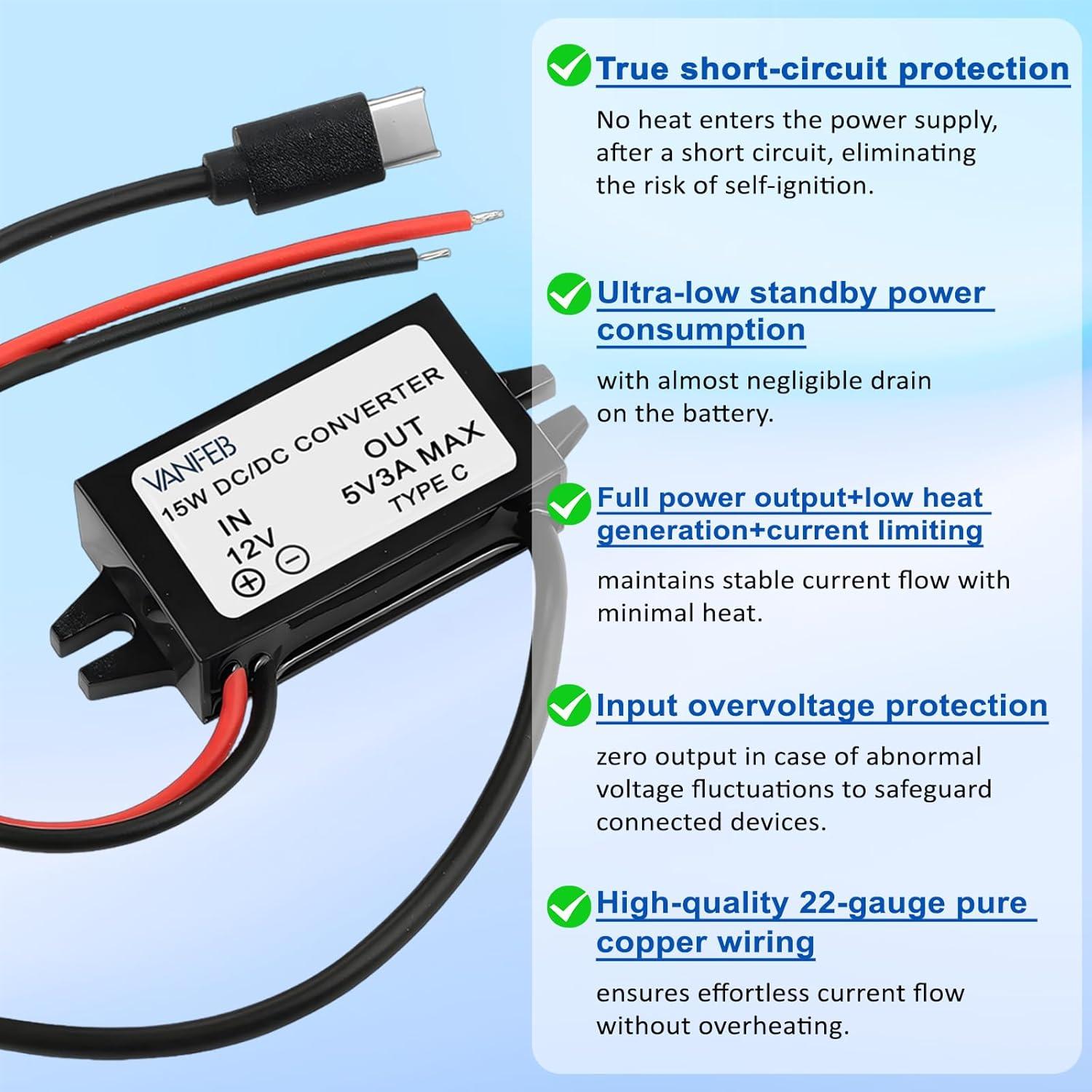 Convertidor DC 12V/24V a 5V 3A Tipo C VanFeb 15W