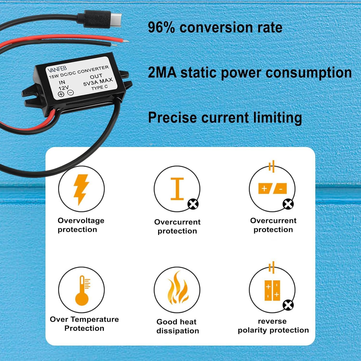 Convertidor DC 12V/24V a 5V 3A Tipo C VanFeb 15W