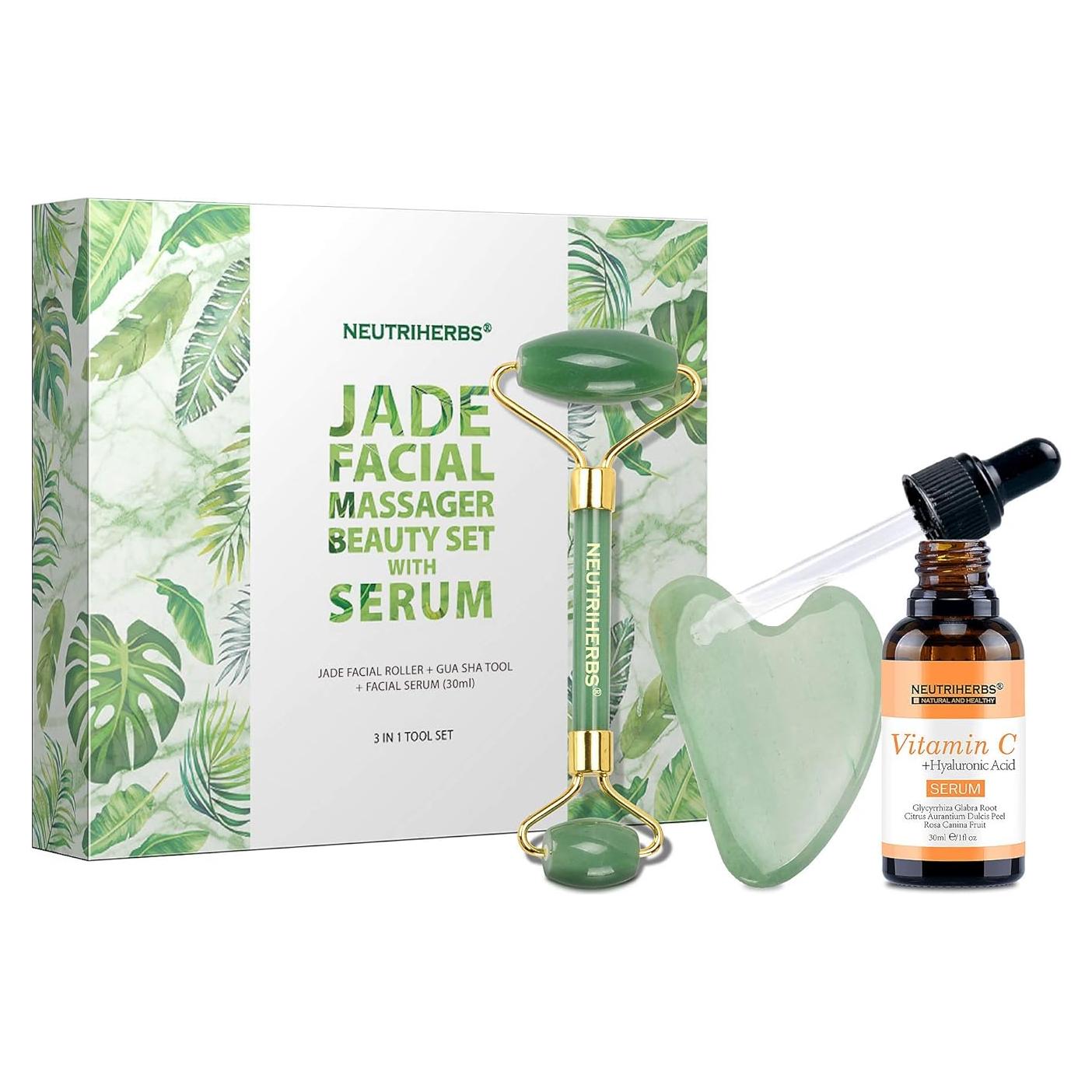 Set de Masaje Facial 3 en 1 Neutriherbs Jade - Rodillo, Gua Sha y Suero