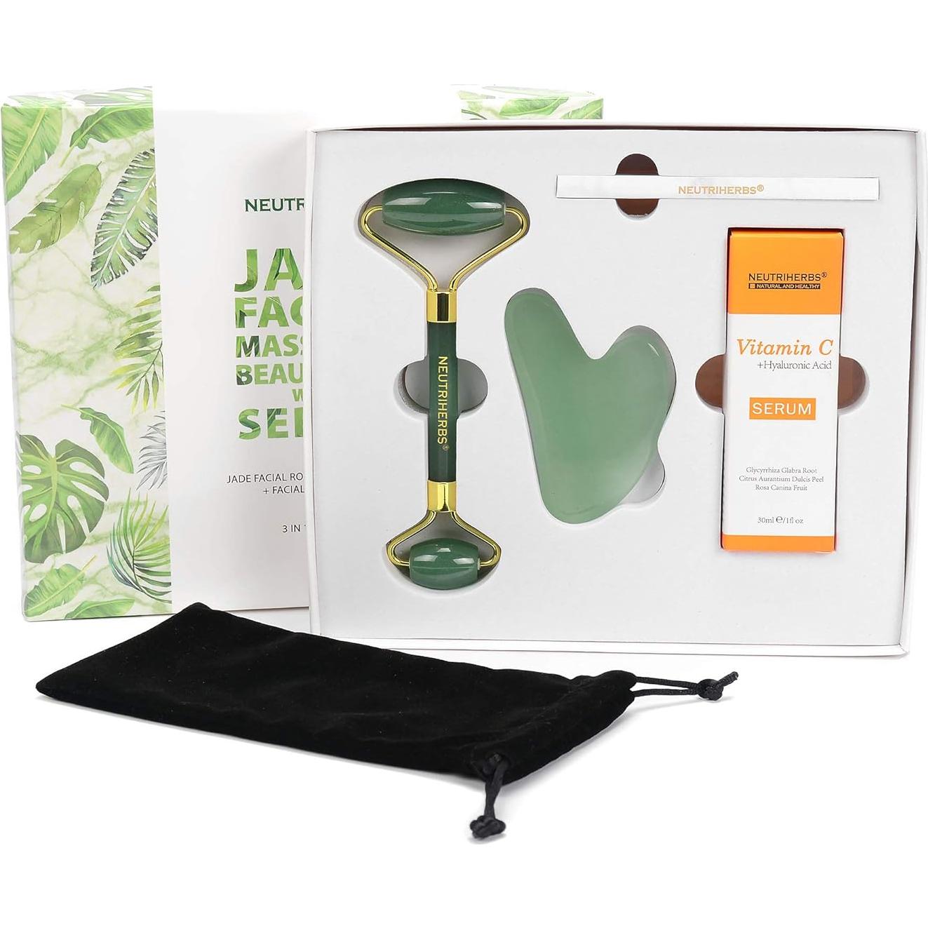 Set de Masaje Facial 3 en 1 Neutriherbs Jade - Rodillo, Gua Sha y Suero