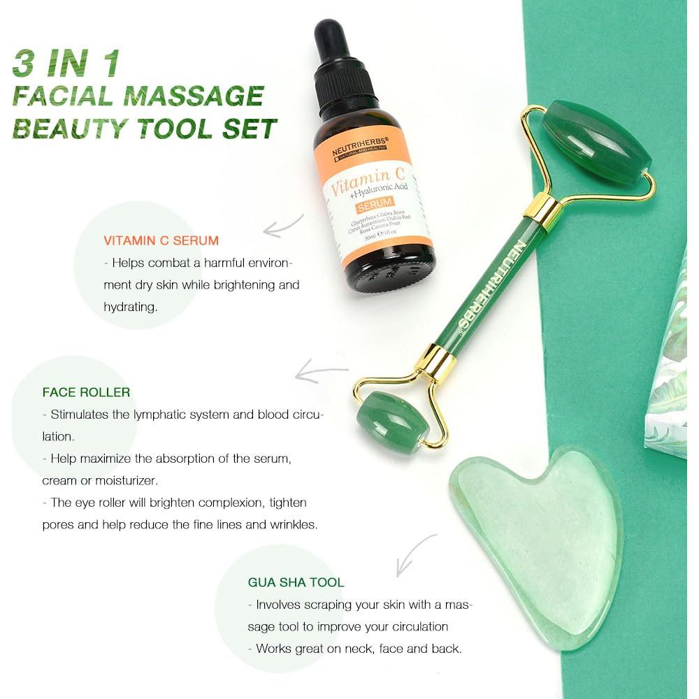 Set de Masaje Facial 3 en 1 Neutriherbs Jade - Rodillo, Gua Sha y Suero