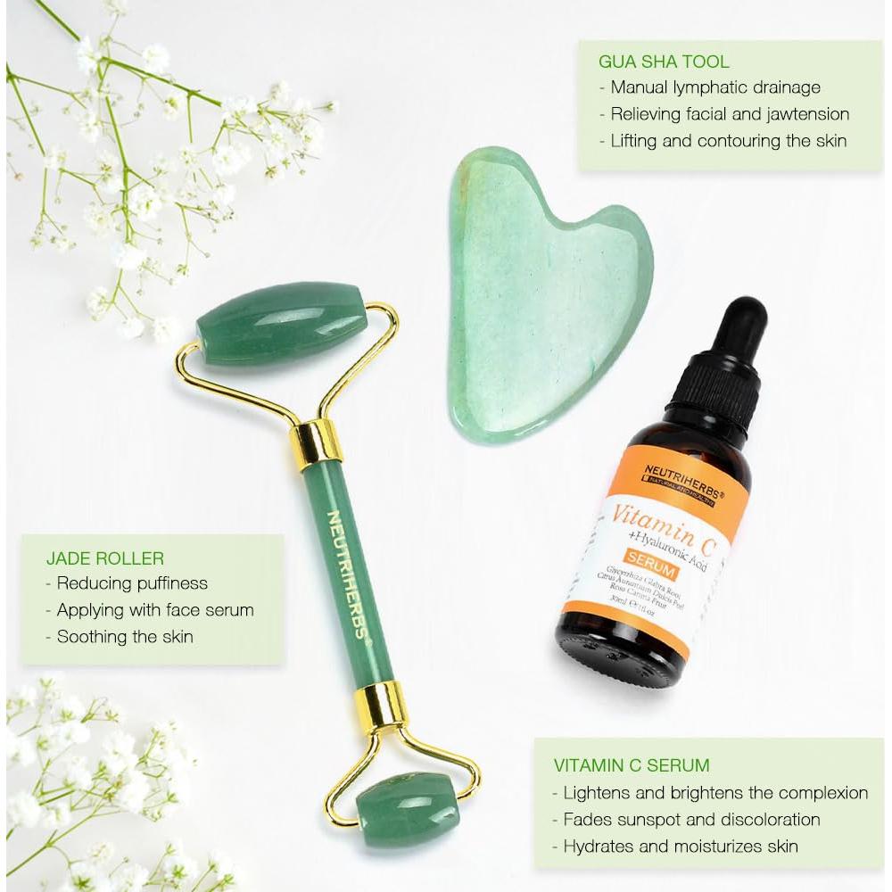 Set de Masaje Facial 3 en 1 Neutriherbs Jade - Rodillo, Gua Sha y Suero