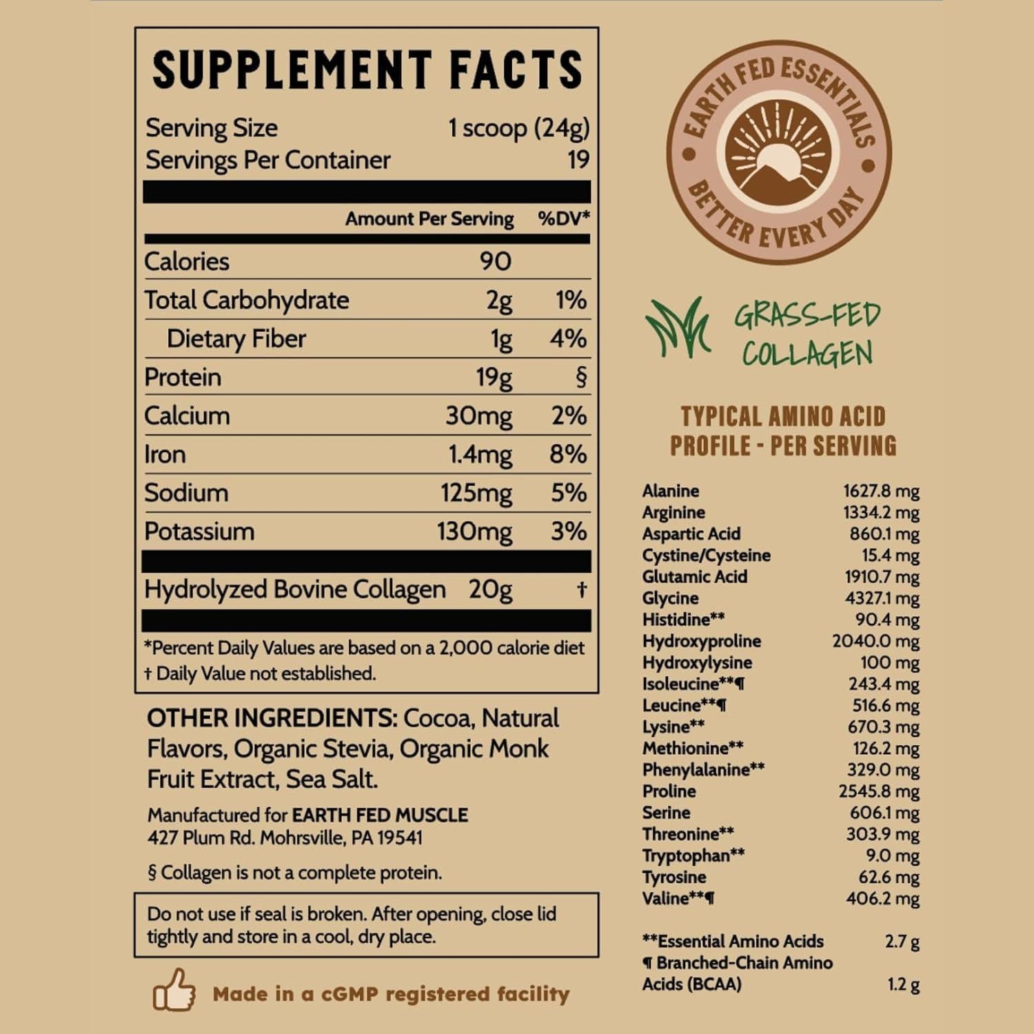 Polvo de Colágeno Hidrolizado Earth Fed Muscle 450g Chocolate