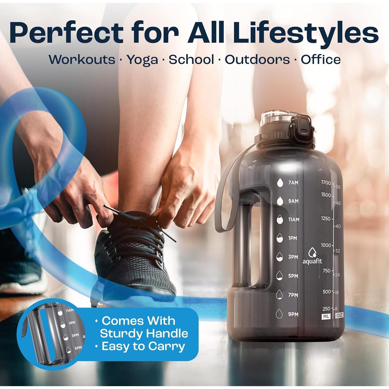 Botella de Agua AQUAFIT 1.81L con Tapa 2en1 y Marcador de Tiempo
