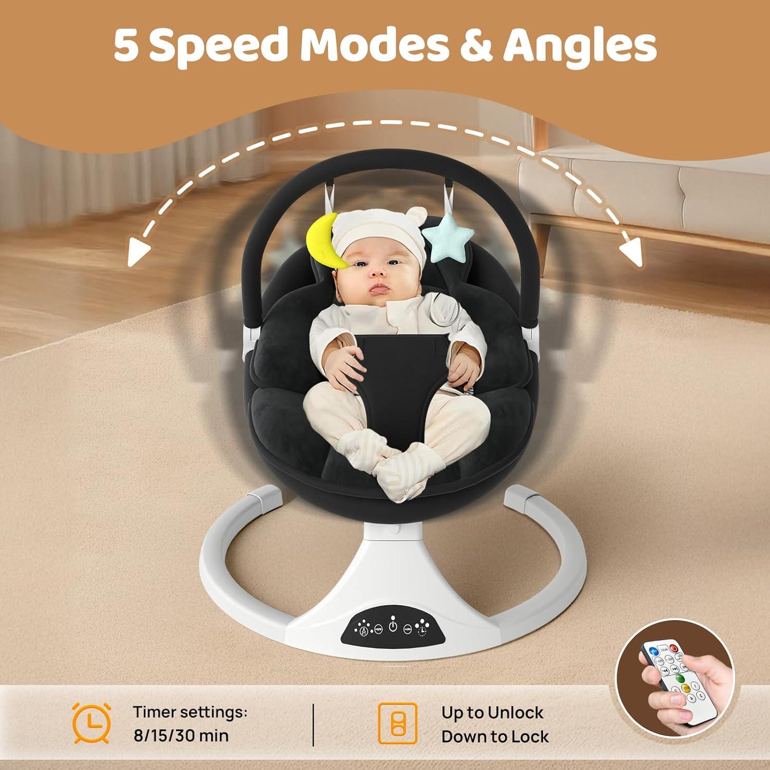 Columpio Eléctrico para Bebés RIVIPLOU - 5 Velocidades, Negro