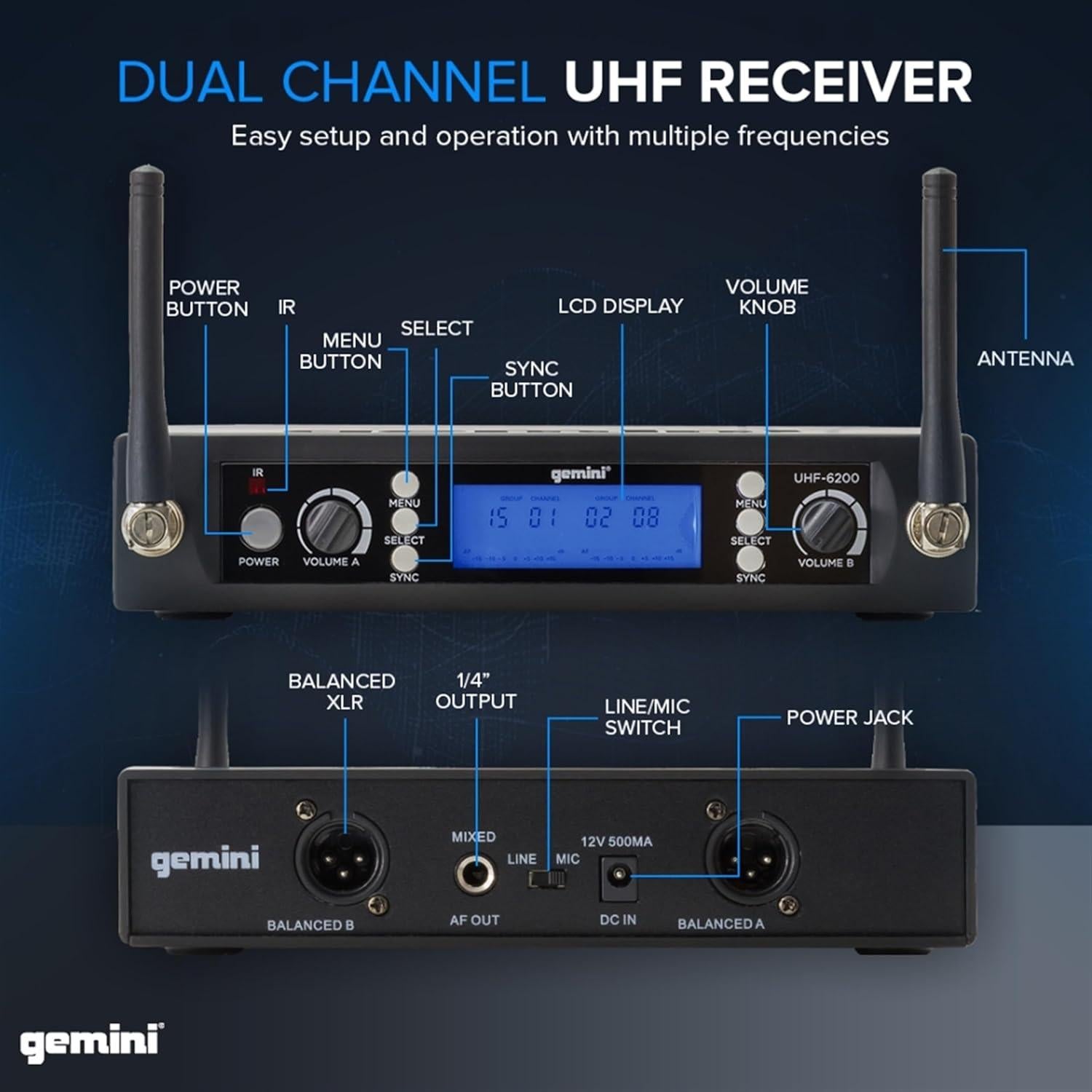 Sistema de Micrófono Inalámbrico Gemini Sound UHF-6200HL - 2 Micrófonos
